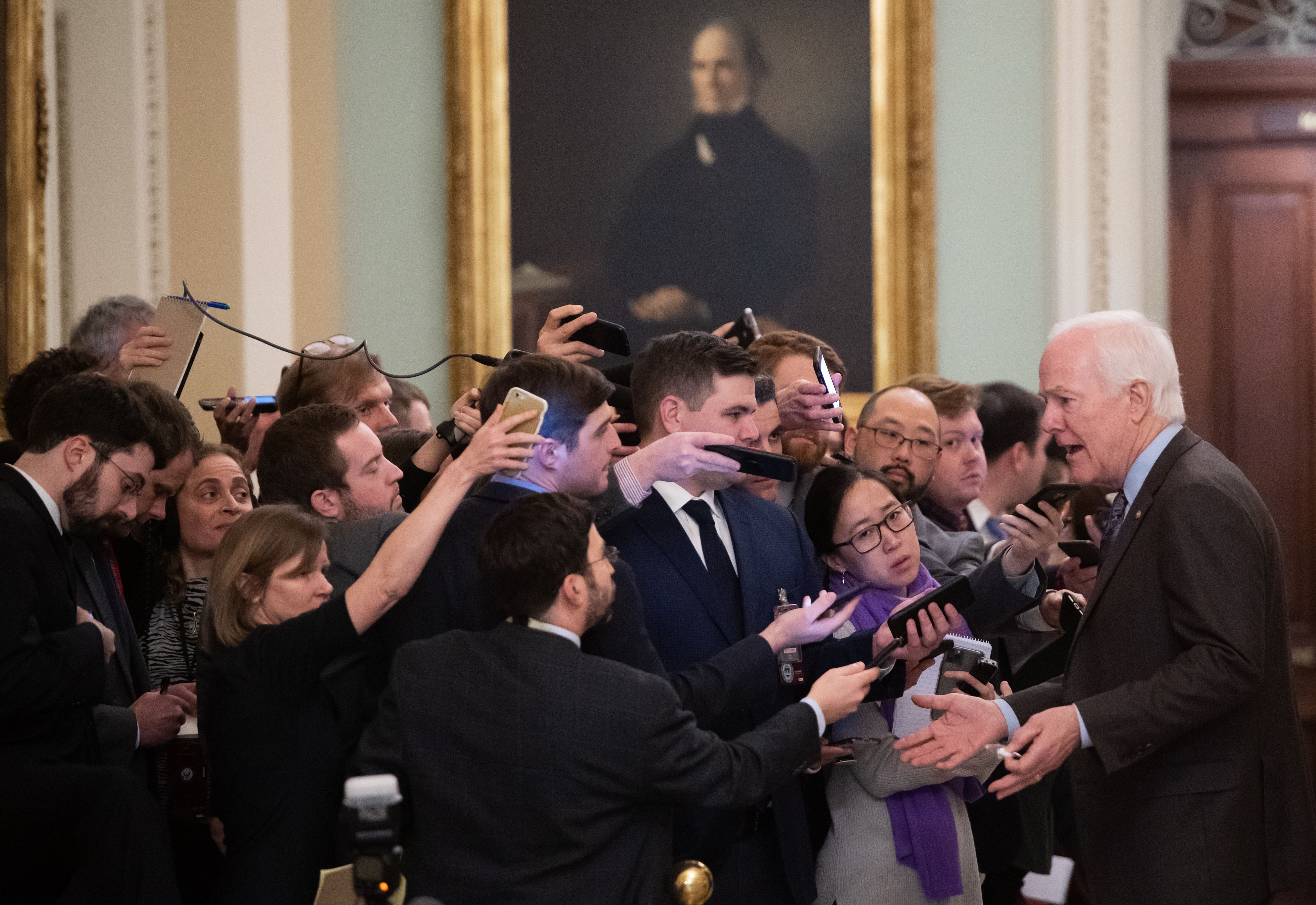 US Senator John Cornyn, Republican of Texas, speaks with reporters during a break in the Senate impeachment trial of US President Donald Trump at the US Capitol in Washington, DC, January 22, 2020. Wire photography: Saul Loeb/AFP via Getty Images.