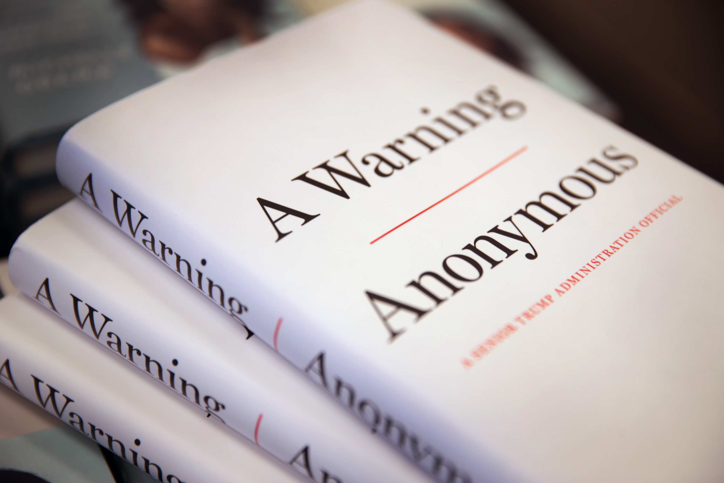 Copies of "A Warning" by Anonymous are offered for sale at a Barnes & Noble store on November 19, 2019 in Chicago, Illinois. The book, written by an author claiming to be a senior Trump administration official, is billed as an inside look at dysfunction inside Trump's White House.