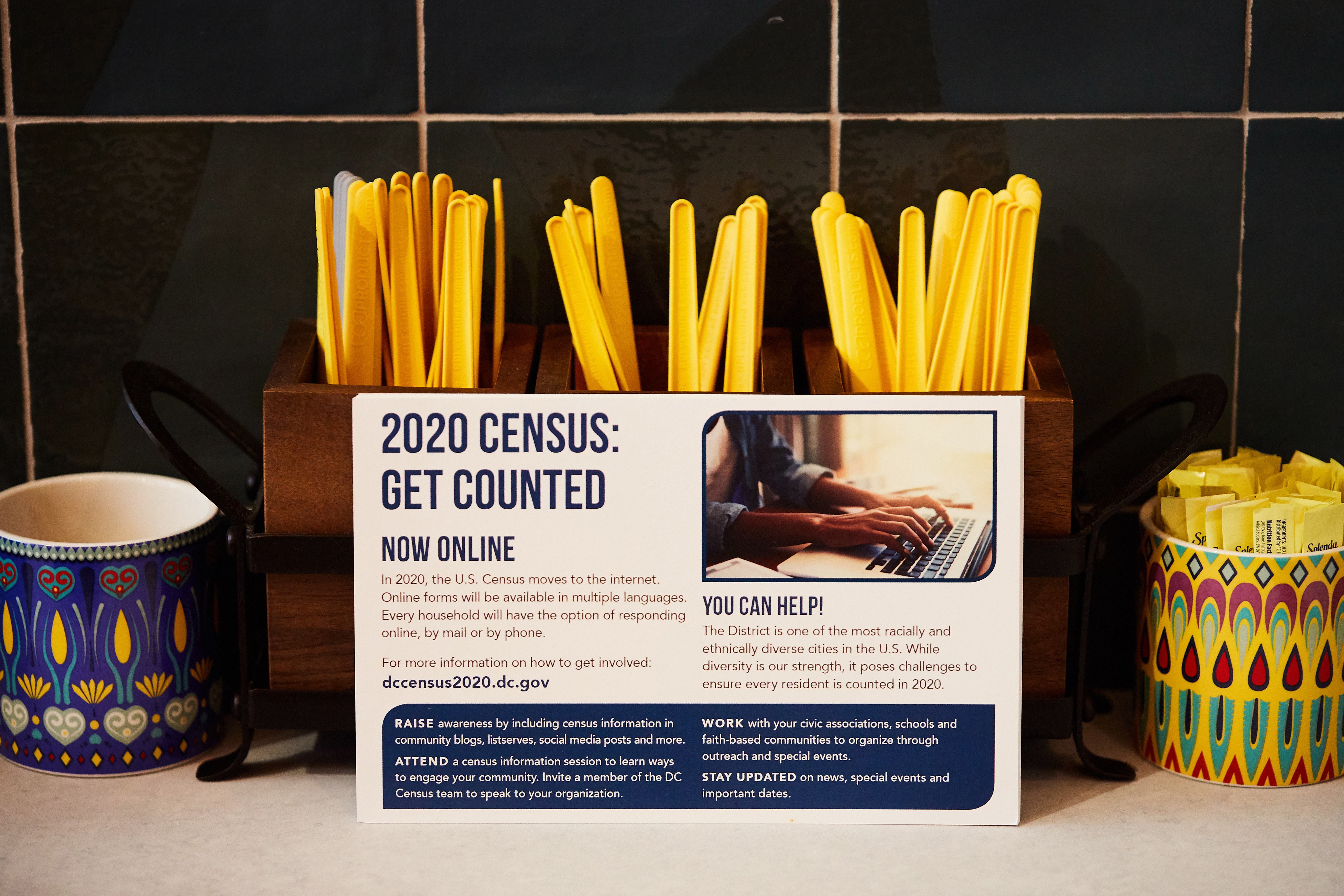 Signs for the 2020 Census near the plastic cutlery at Immigrant Food photographed in Washington, DC on December 16, 2019. 