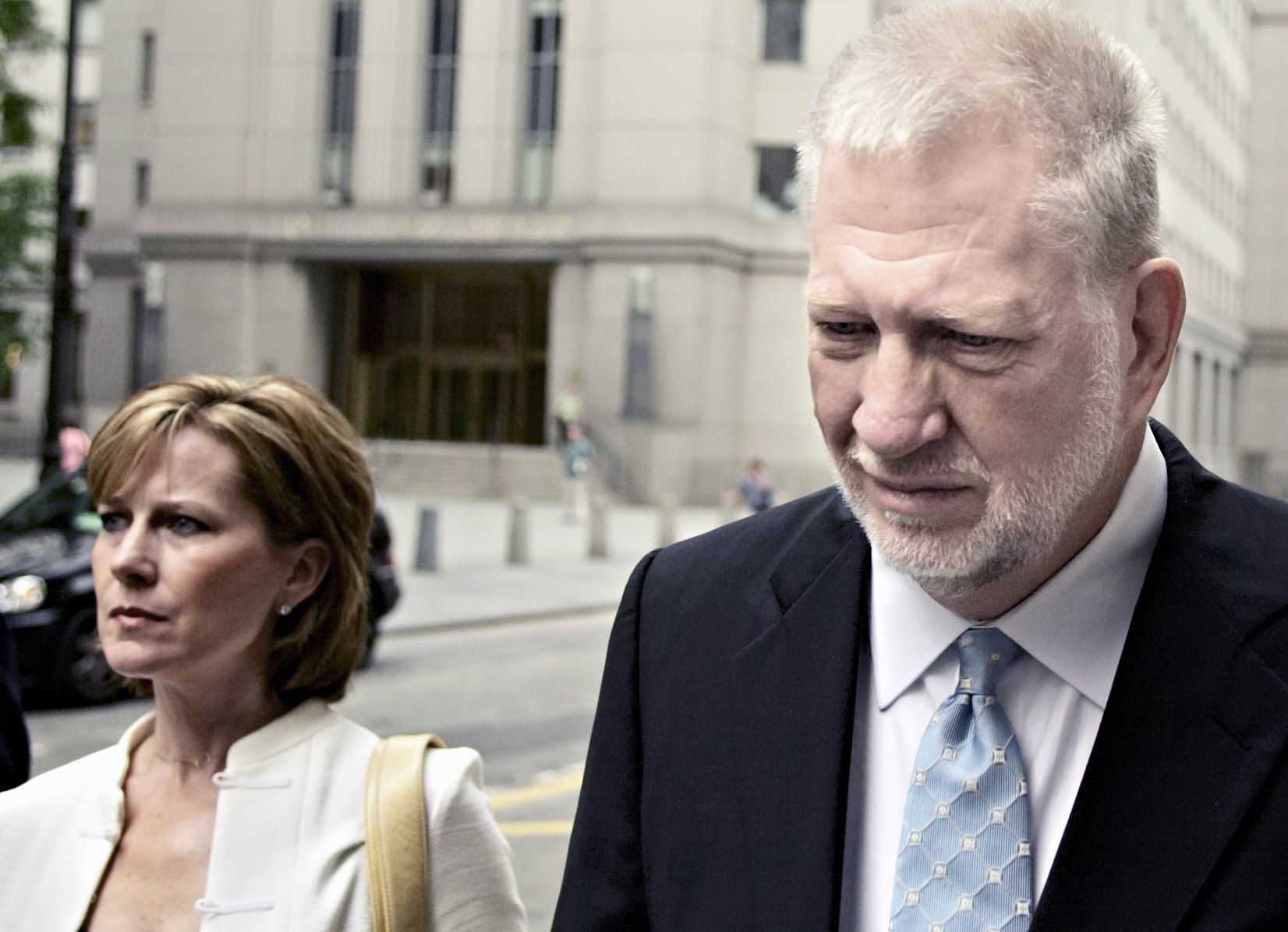 UNITED STATES - JULY 13: Bernard Ebbers, former WorldCom CEO, arrives with his wife Kristie at Manhattan Federal court for his sentencing in New York Wednesday, July 13, 2005. Ebbers, convicted of leading an $11 billion fraud at WorldCom Inc., will learn this morning whether he must spend the rest of his life in a federal prison. (Photo by Adam Rountree/Bloomberg via Getty Images)