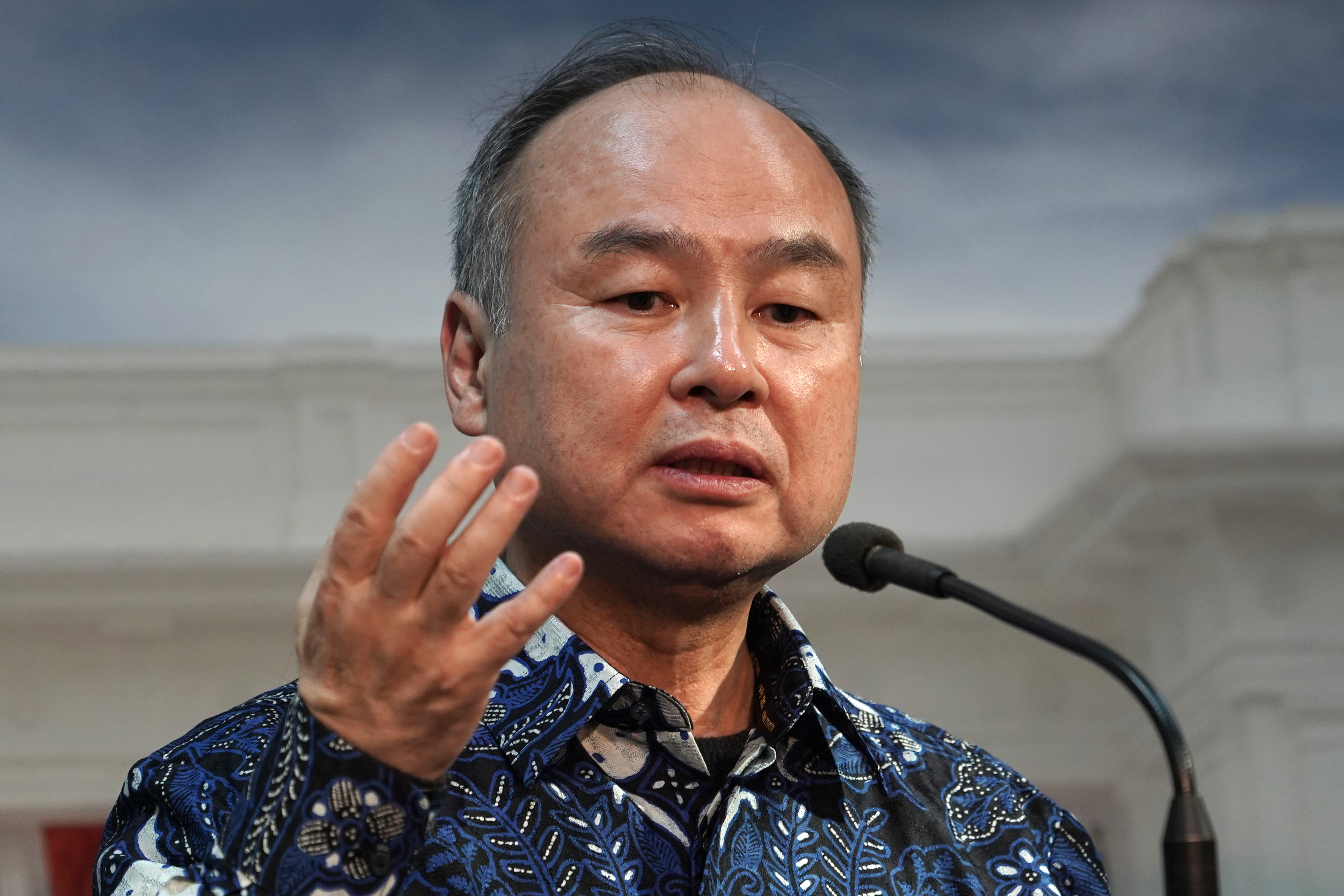 Masayoshi Son, chairman and chief executive officer of SoftBank Group Corp., speaks during a news conference following a meeting with Joko Widodo, Indonesia's president, not pictured, in Jakarta, Indonesia, on Friday, Feb. 28, 2020. Widodo's ambitious plan to build a new capital gathered momentum with Son and Tony Blair, U.K.'s former prime minster, holding discussions on the contours of the $34 billion project. Photographer Dimas Ardian/Bloomberg via Getty Images
