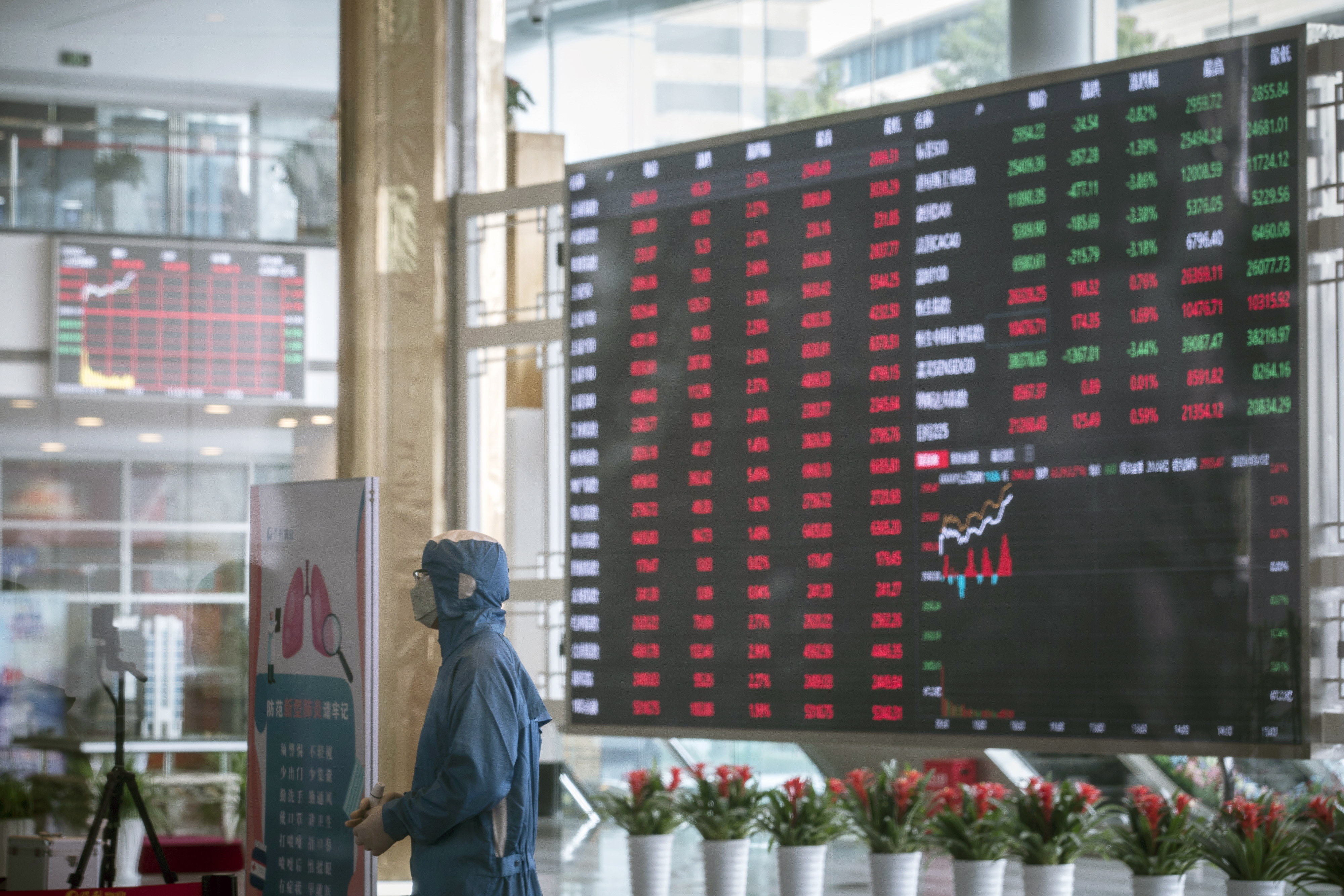 A worker wearing a protective suit stands at a temperature screening point in front of an electronic stock board at the Shanghai Stock Exchange in Shanghai, China, on Monday, March 2, 2020. The pressure to get China back to work after the coronavirus shutdown is resurrecting an old temptation: doctoring data so it shows senior officials what they want to see. Photographer: Qilai Shen/Bloomberg via Getty Images