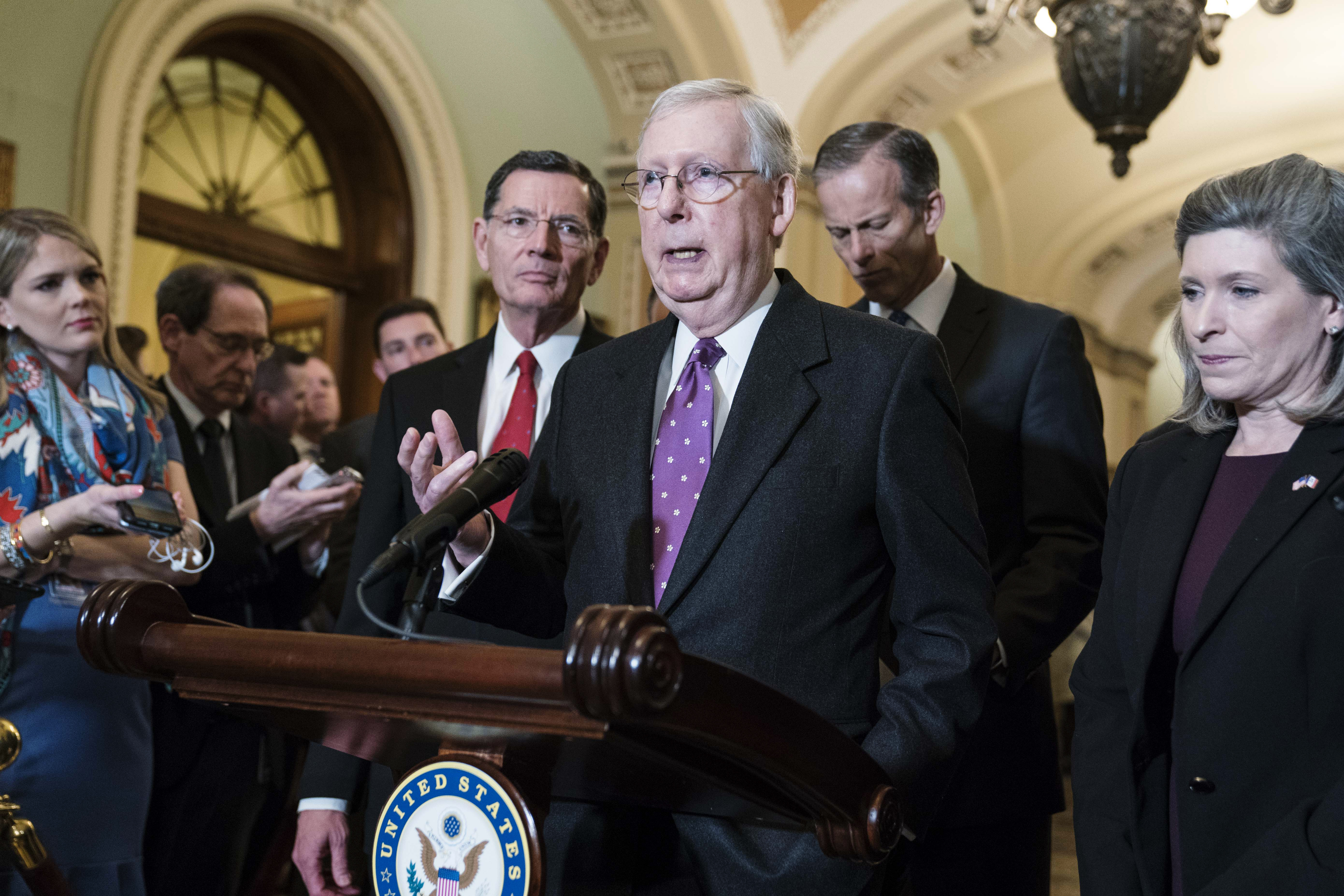 Senate Majority Leader Mitch McConnell, a Republican from Kentucky, speaks during a news conference following the weekly Senate Republicans policy luncheon at the U.S. Capitol in Washington, D.C., U.S., on Tuesday, March 10, 2020. McConnell said that Treasury Secretary Steven Mnuchin will be meeting with House Speaker Nancy Pelosi on a stimulus package to deal with fallout from coronavirus. Photographer: Sarah Silbiger/Bloomberg via Getty Images