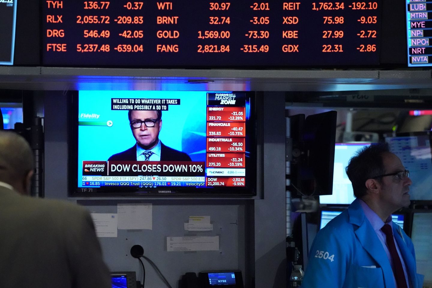 Traders work on the floor at the closing bell of the Dow Industrial Average at the New York Stock Exchange on March 12, 2020 in New York.