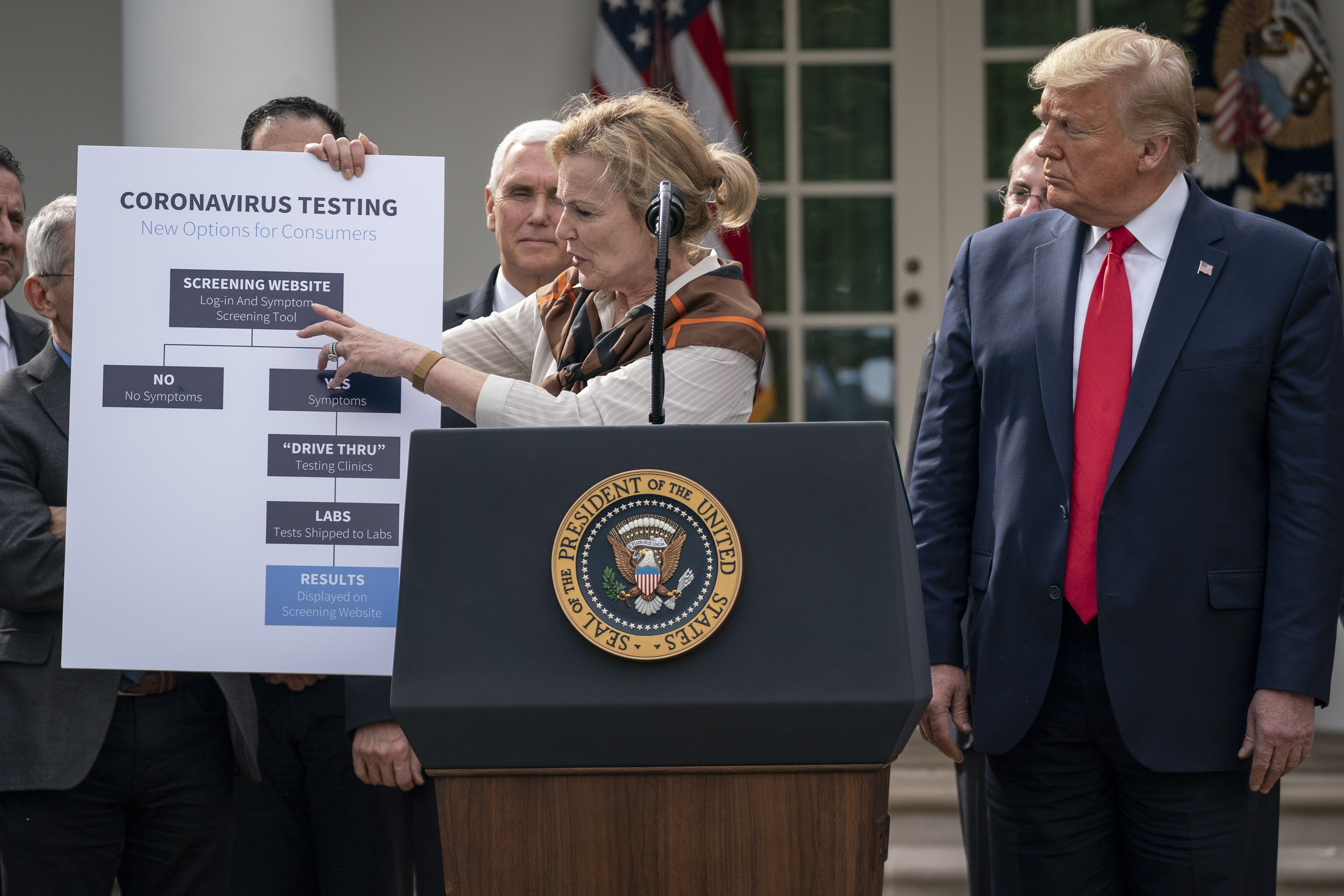 WASHINGTON, DC - MARCH 13: White House Coronavirus Response Coordinator Dr. Deborah Birx holds up a chart about coronavirus testing options as U.S. President Donald Trump holds a news conference about the ongoing global coronavirus pandemic at the White House March 13, 2020 in Washington, DC. Trump is facing a national health emergency as COVID-19 cases continue to rise and 30 people have died from the virus in the United States, according to The Center for Systems Science and Engineering at Johns Hopkins University. (Photo by Drew Angerer/Getty Images)