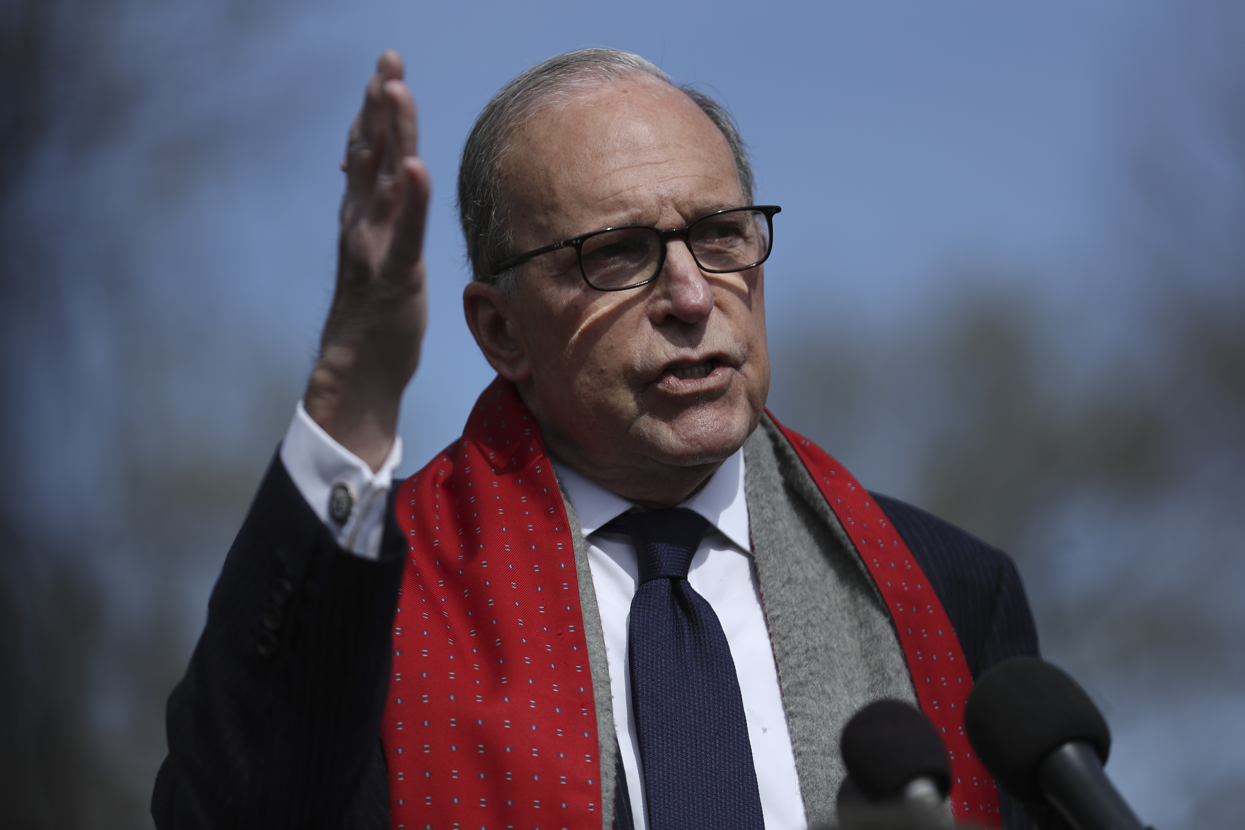 Larry Kudlow, director of the U.S. National Economic Council, speaks to members of the media at the White House in Washington, D.C., U.S., on Monday, March 16, 2020. The White House is pressing for ways to assist U.S. airlines staggering under the weight of the coronavirus outbreak as House Republicans explore tax relief, loans and grants for the industry. Photographer: Oliver Contreras/Sipa/Bloomberg via Getty Images