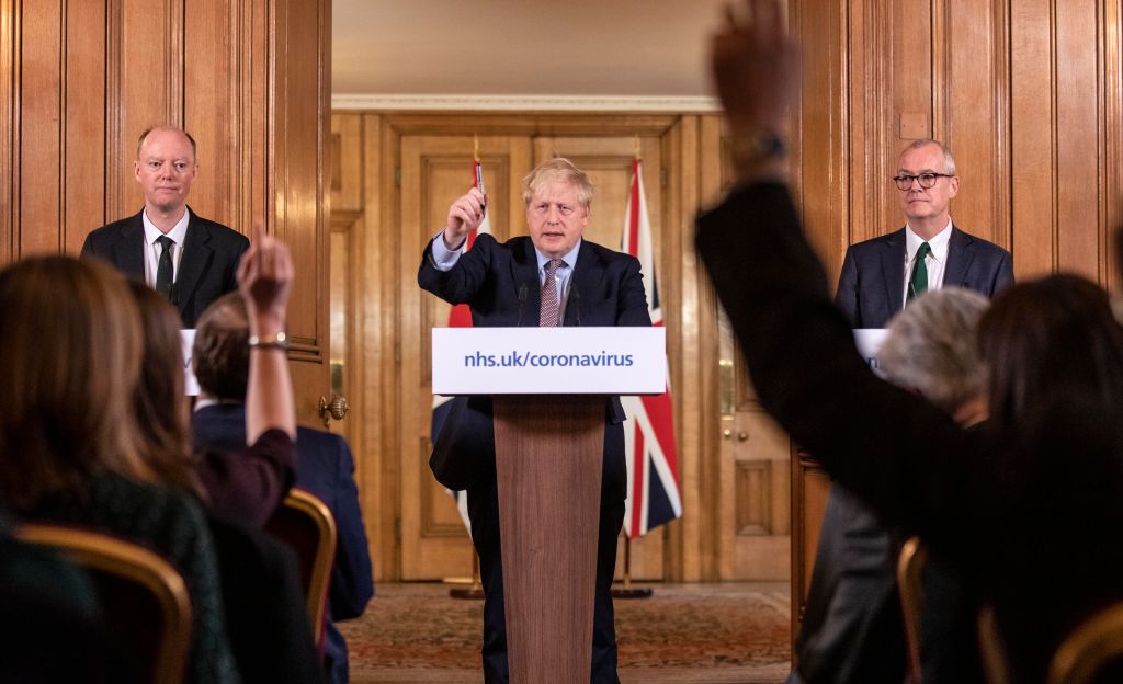 LONDON, ENGLAND - MARCH 16: Prime Minister Boris Johnson gives a press conference on the ongoing situation with the coronavirus pandemic with chief medical officer Chris Whitty and Chief scientific officer Sir Patrick Vallance in Downing Street after he had taken part in the government's COBRA meeting on March 16, 2020 in London England. (Photo by Richard Pohle - WPA Pool/Getty Images)
