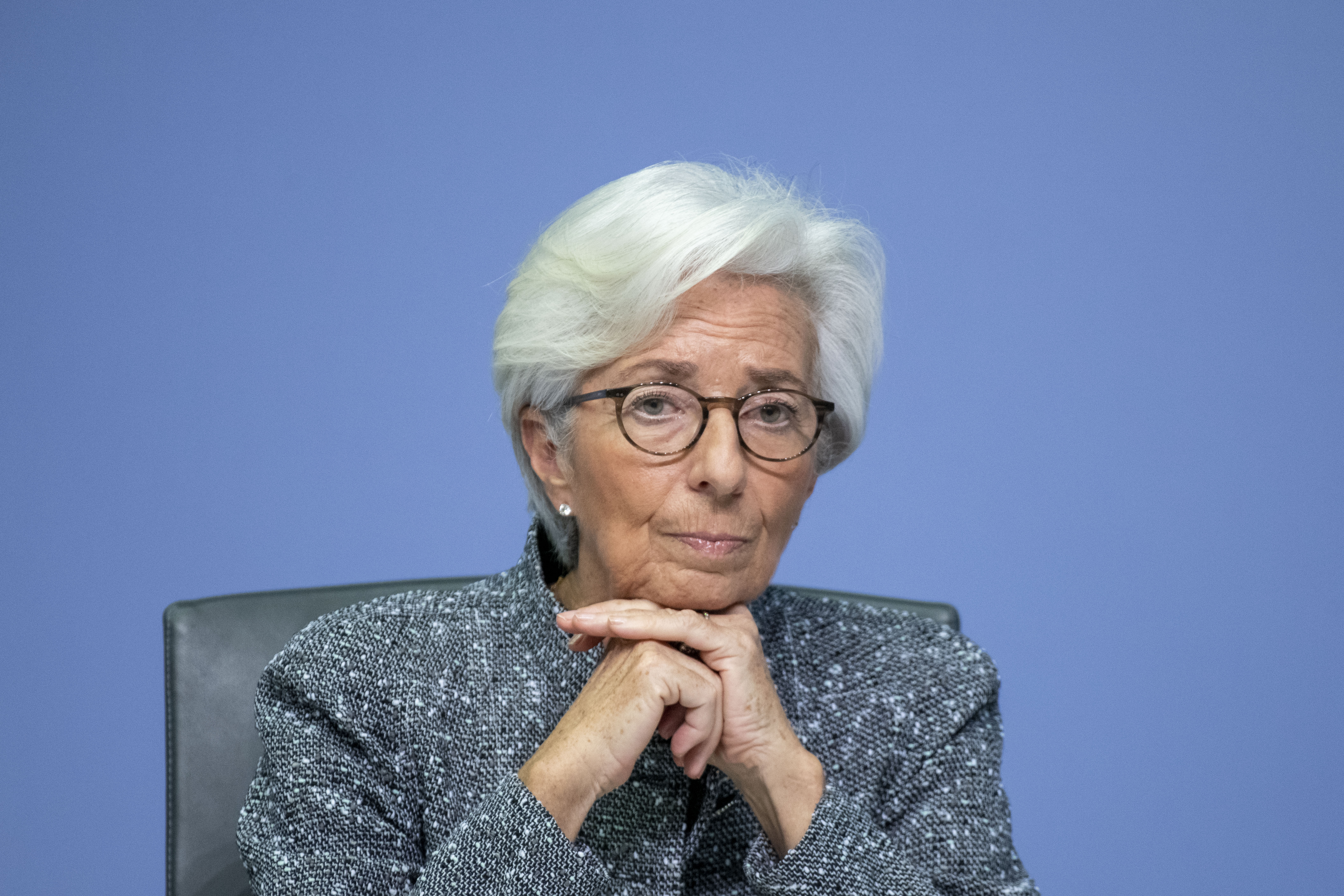FRANKFURT AM MAIN, GERMANY - MARCH 12: Christine Lagarde, President of the European Central Bank, speaks to the media following a meeting of the ECB governing board at ECB headquarters on March 12, 2020 in Frankfurt, Germany.