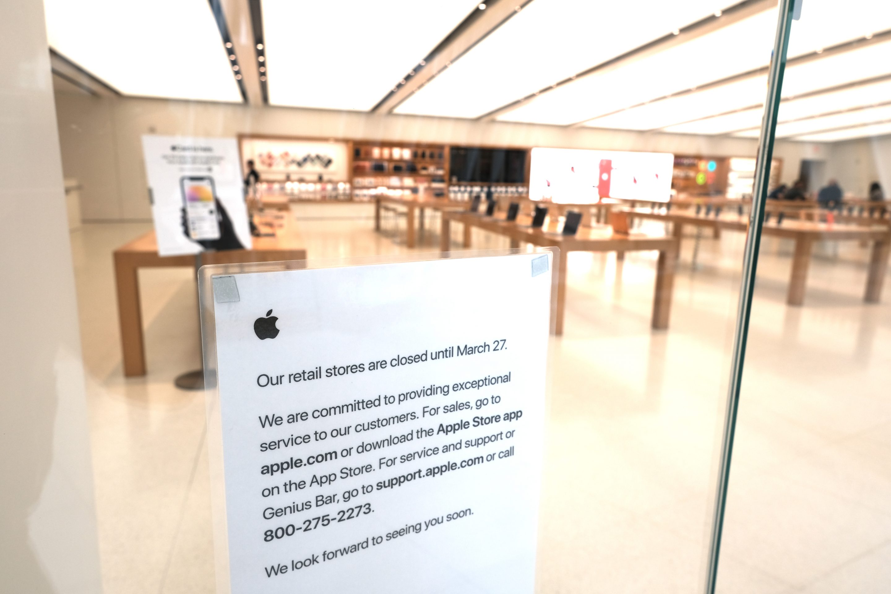 NEW YORK, NEW YORK - MARCH 16: The Apple Store inside the Oculus transit hub in lower Manhattan is closed as much of the nation slows due to the continued spreading of the coronavirus on March 16, 2020 in New York City. Across the country schools, businesses and places of work have either been shut down or are restricting hours of operation as Americans try to slow the spread of COVID-19.