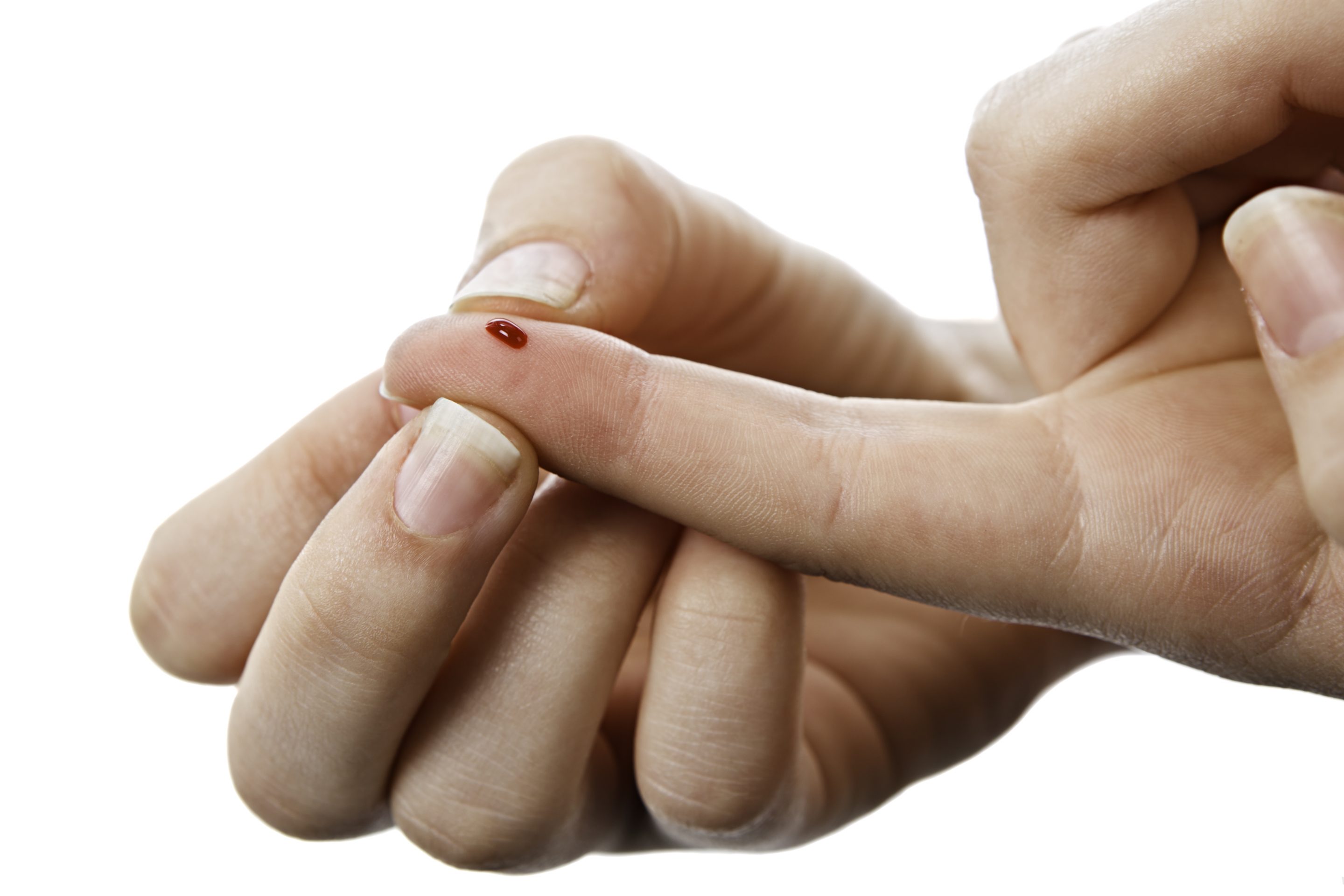 A drop of blood is ready for a glucose level blood test.