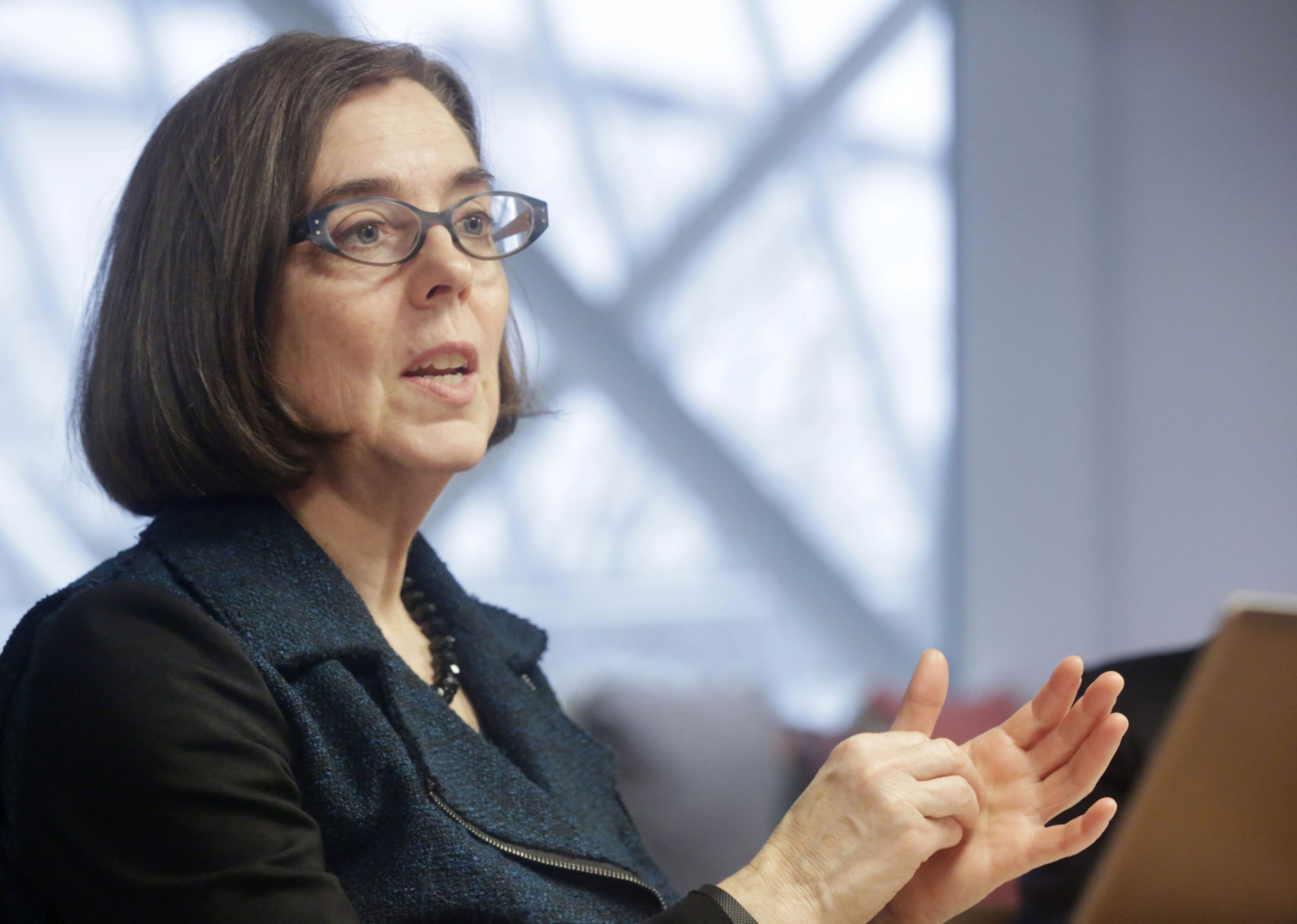 Kate Brown, governor of Oregon, speaks during an interview in Portland, Oregon, U.S. on Wednesday, Jan. 20, 2016. Brown, a Democrat, joined the state House of Representatives in 1991, was later elected to the Senate and served as secretary of state since 2009, before taking over as governor in February.