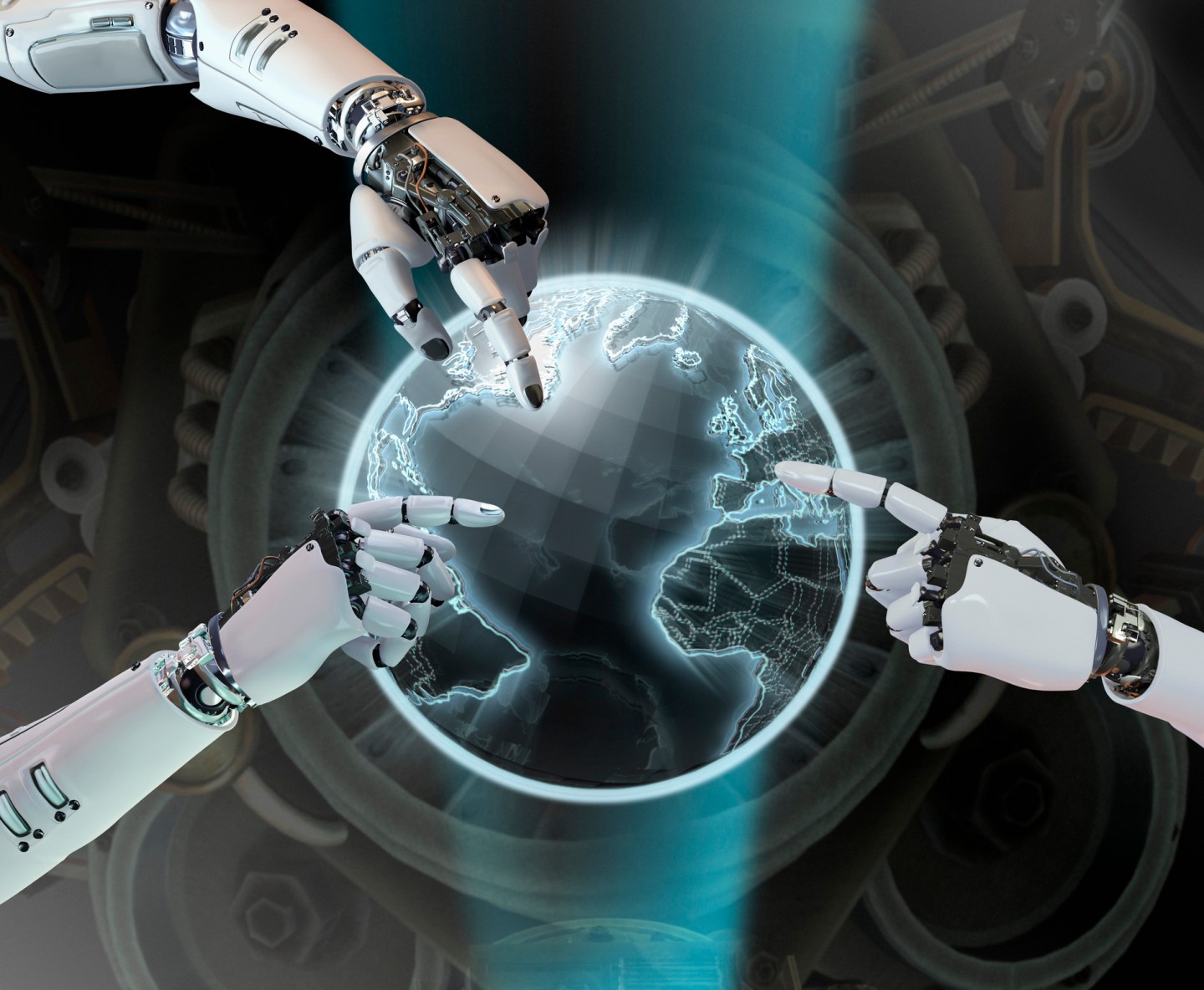 Robotic hands pointing at a globe