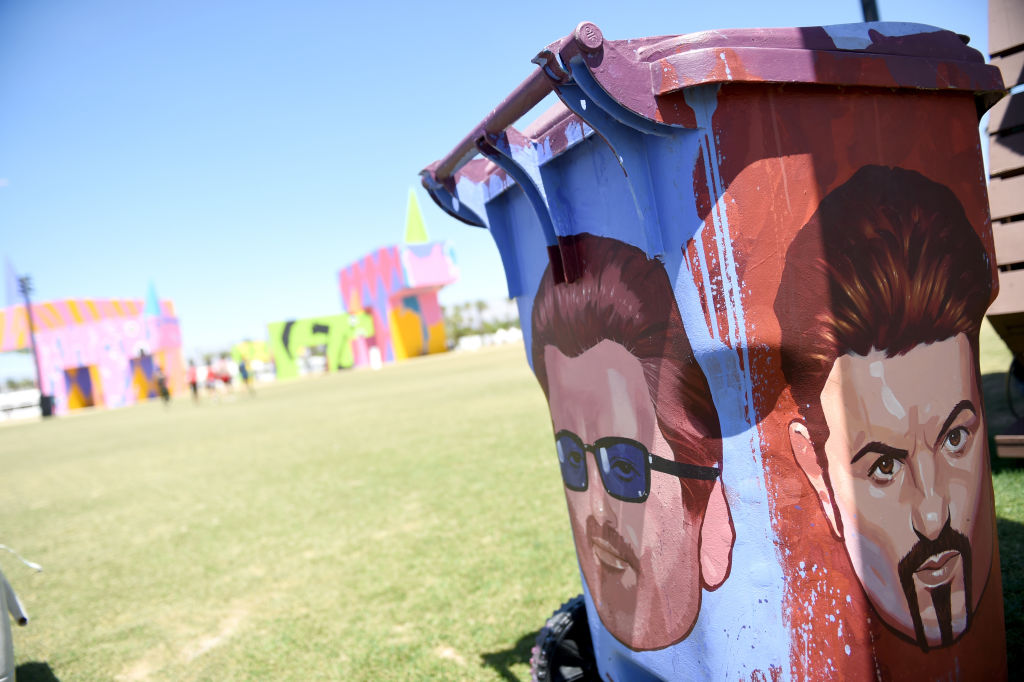 A George Michael-inspired Global Inheritance TRASHed Art of Recycling bin is seen during day 3 of the Coachella Valley Music And Arts Festival (Weekend 2) at the Empire Polo Club on April 23, 2017 in Indio, Calif.