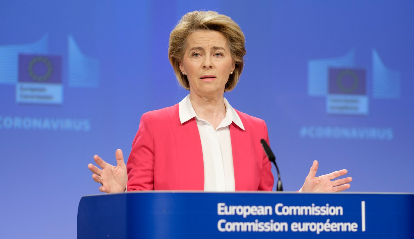 02 April 2020, Belgium: President of the European Commission Ursula von der Leyen is talking to media in the Berlaymont, the EU Commission headquarters.
