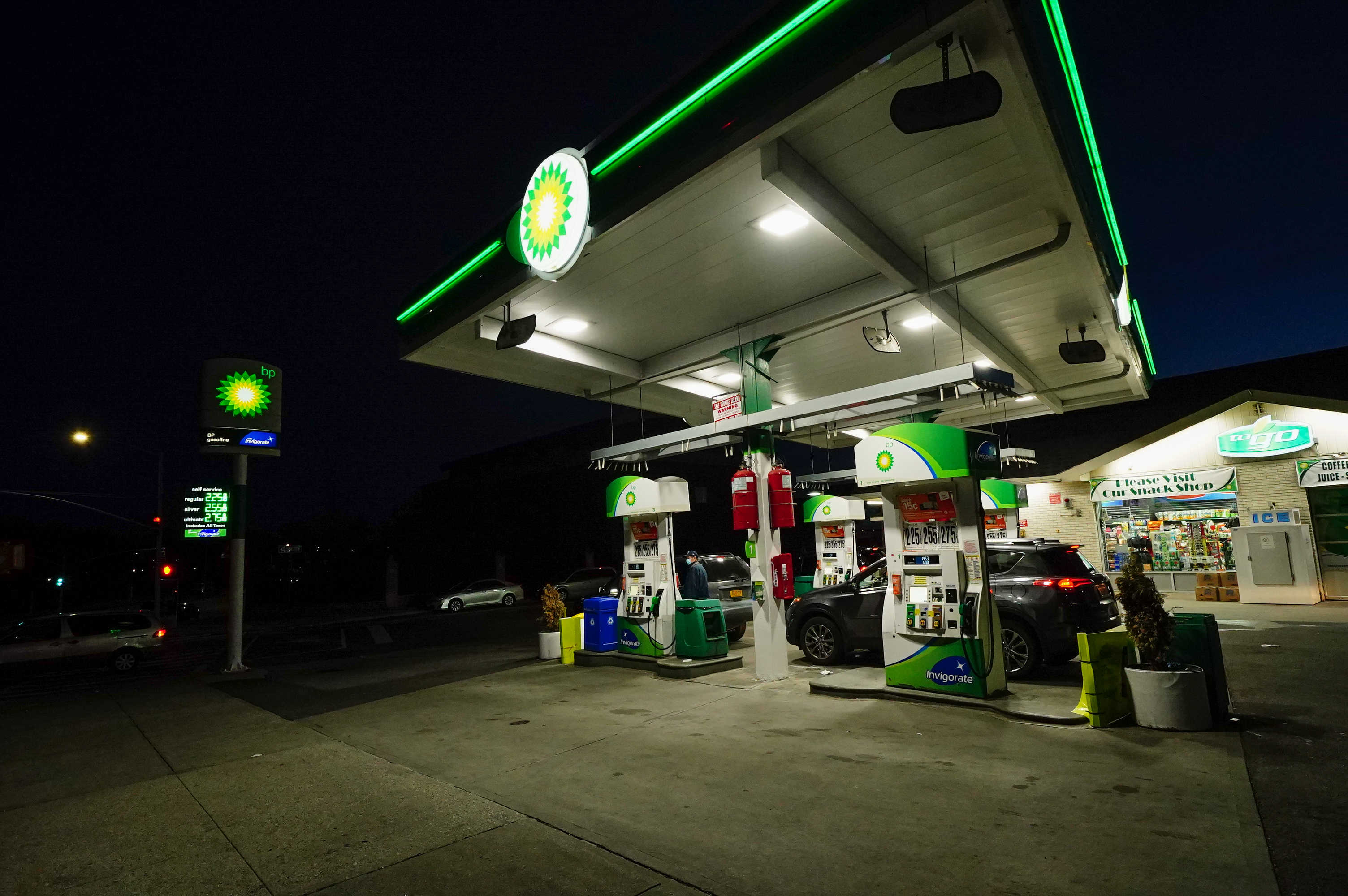 A view of BP Petrol Station in Flushing, Queens, New York USA during Coronavirus Pandemic on April 20, 2020. U.S. crude oil future contracts plunged into negative territory for the first time in history on Monday. Wire photography: John Nacion—NurPhoto via Getty Images