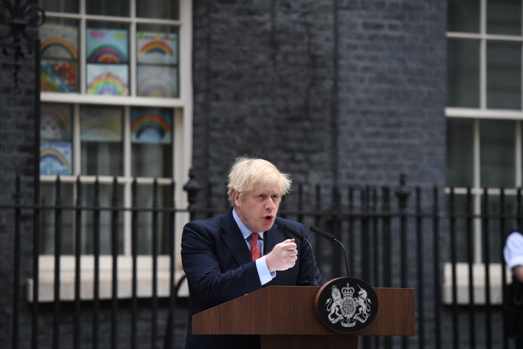 Prime Minister Boris Johnson speaks in Downing Street as he returns to work following his recovery from Covid-19 on April 27, 2020 in London, England. (Photo by Chris J Ratcliffe/Getty Images)