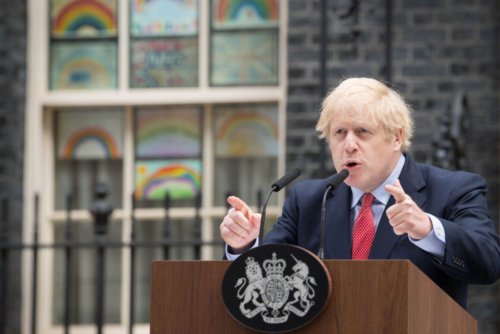 Prime Minister Boris Johnson makes a statement outside 10 Downing Street, London, as he resumes working after spending two weeks recovering from Covid-19. PA Photo. Picture date: Monday April 27, 2020. The Prime Minister is resuming full-time duties at the head of the Government three weeks after he was admitted to hospital with the disease. See PA story HEALTH Coronavirus. Photo credit should read: Stefan Rousseau/PA Wire (Photo by Stefan Rousseau/PA Images via Getty Images)
