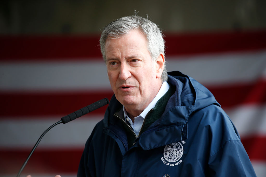 NEW YORK, NY - MARCH 30: New York City Mayor Bill de Blasio speaks to the press as the USNS Comfort arrives at Pier 90 on March 30, 2020 in New York City. The Comfort, a naval hospital ship, is equipped to take in patients within 24 hours but will not be treating patients with COVID-19. The ship's 1,000 beds and 12 operation rooms will help ease the pressure on New York hospitals, many of which are now overwhelmed with COVID-19 patients. (Photo by John Lamparski/Getty Images)