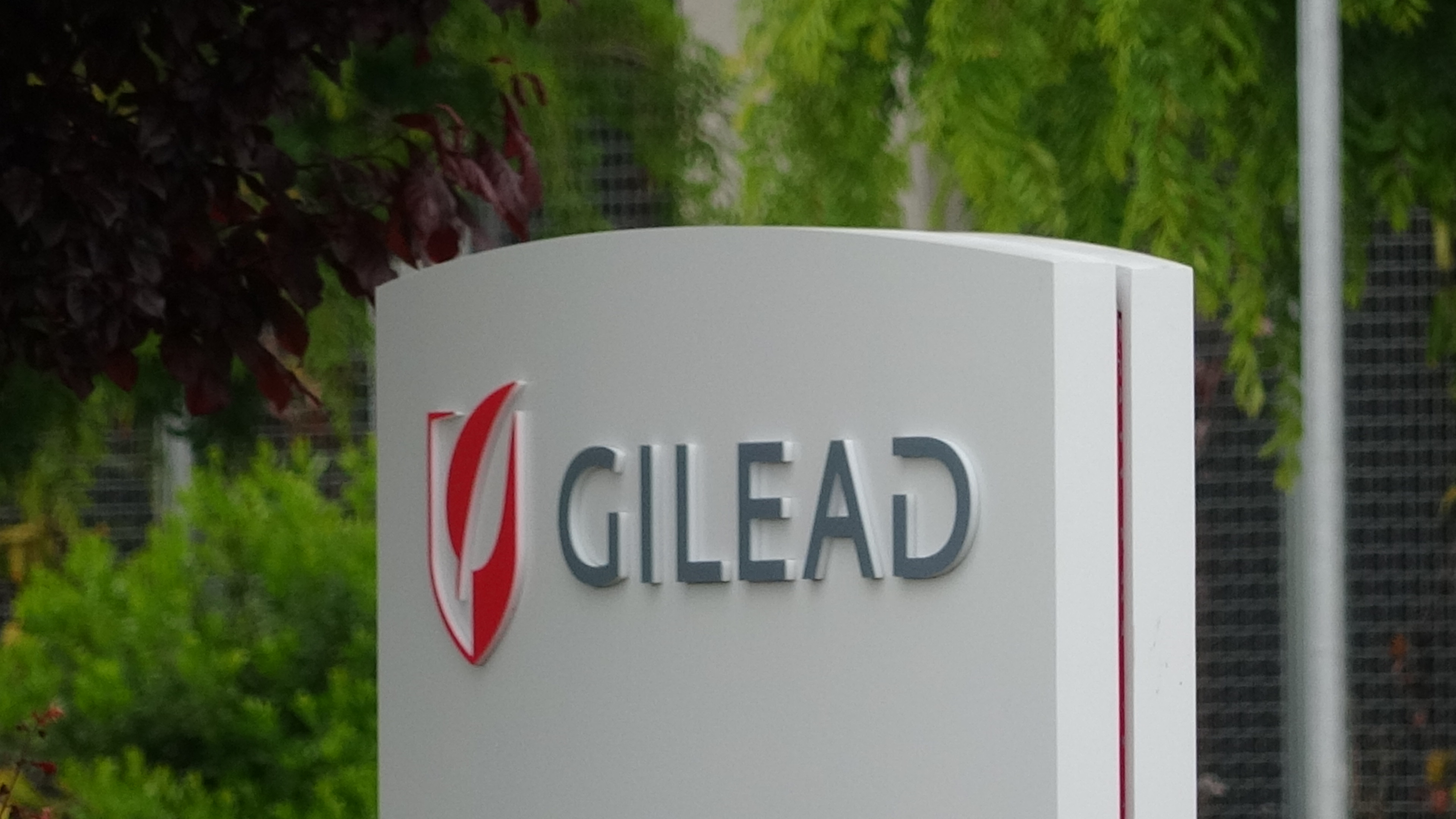 Sign with logo for pharmaceutical company Gilead in the Silicon Valley, Foster City, California, April 11, 2020. Smith Collection—Gado/Getty Images