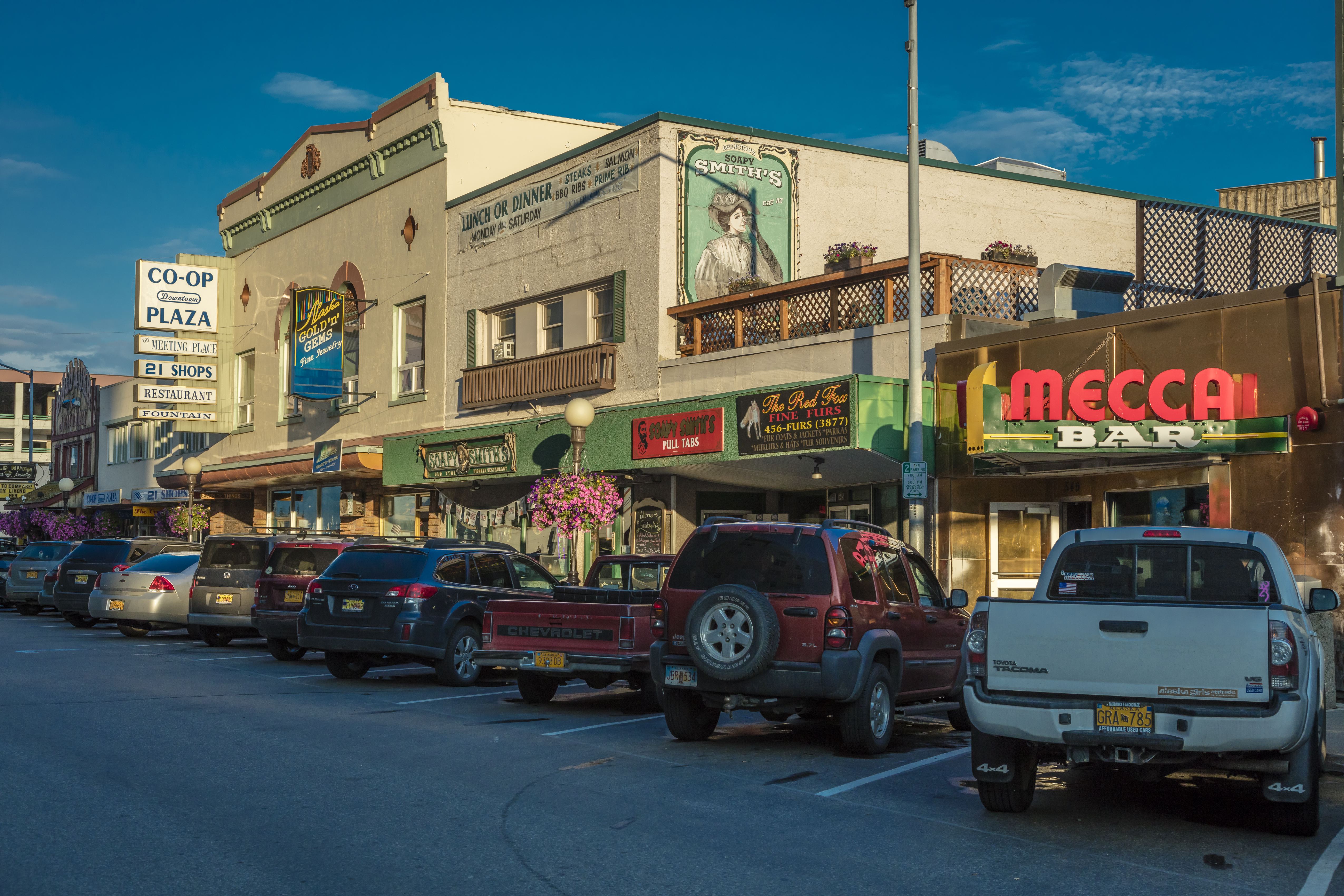 Downtown Fairbanks street scene Second Avenue, no people at sunset, Alaskan restaurants. (Photo by: Joe Sohm/Visions of America/Universal Images Group via Getty Images)
