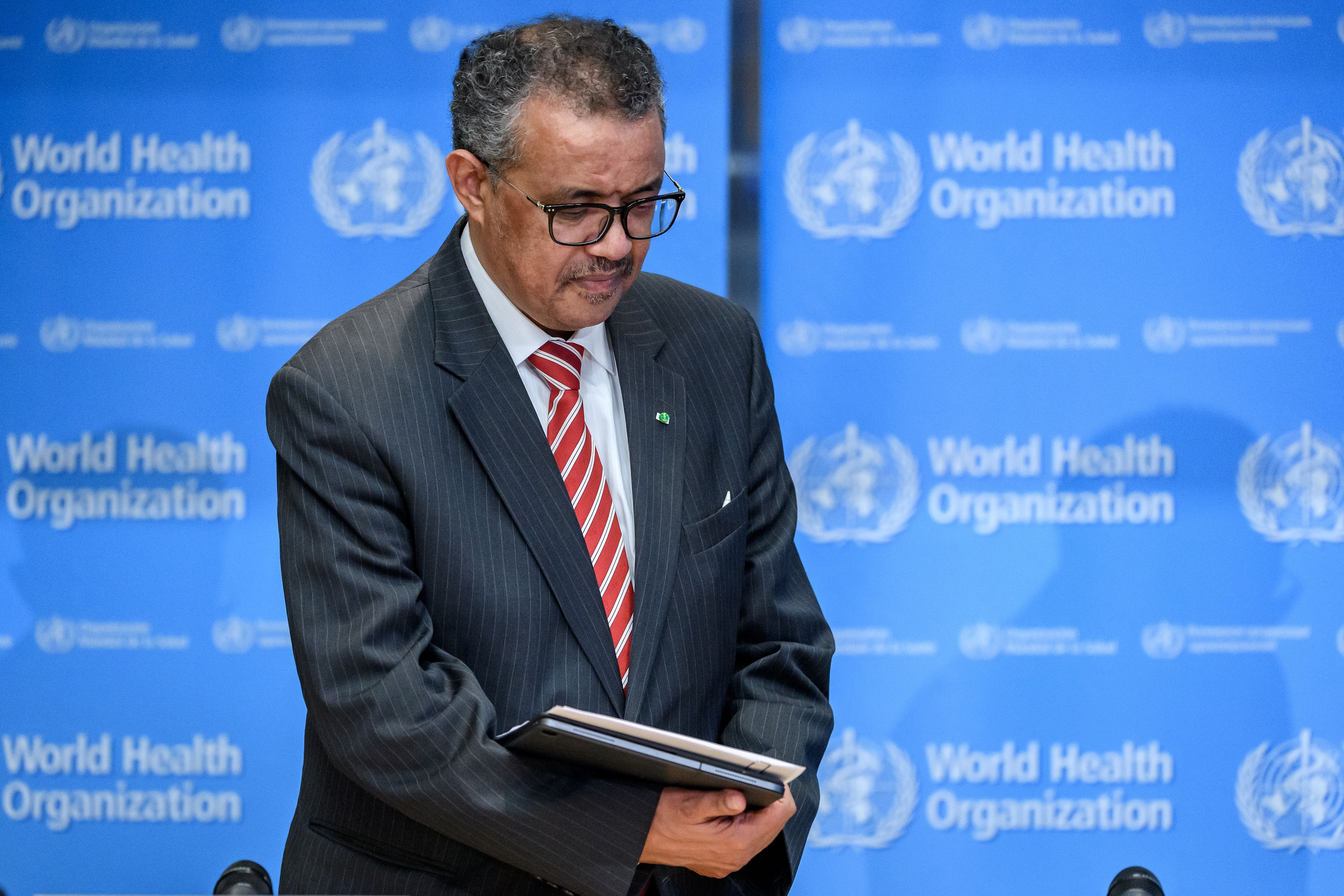 WHO director-general Tedros Adhanom Ghebreyesus attends a daily press briefing on COVID-19 at the WHO headquarters in Geneva, March 11, 2020.
