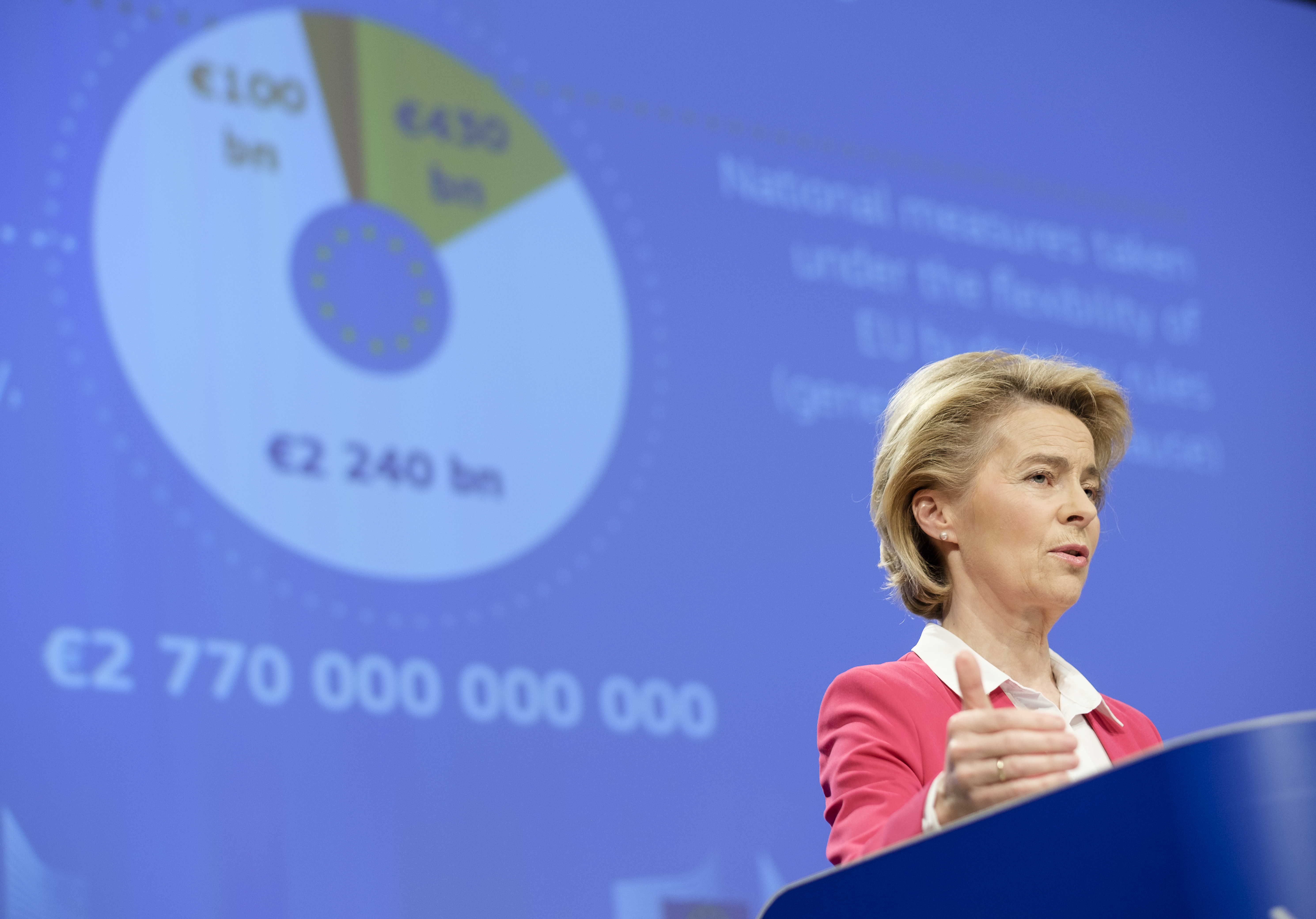 President of the European Commission Ursula von der Leyen speaks to the media at EC headquarter in April in Brussels, Belgium. On Sunday, European the Commission threatened to sue Germany after last week's German high court ruling challenging the mandate of the ECB, and ultimately the authority of the EU. Wire photography: Thierry Monasse—Getty Images