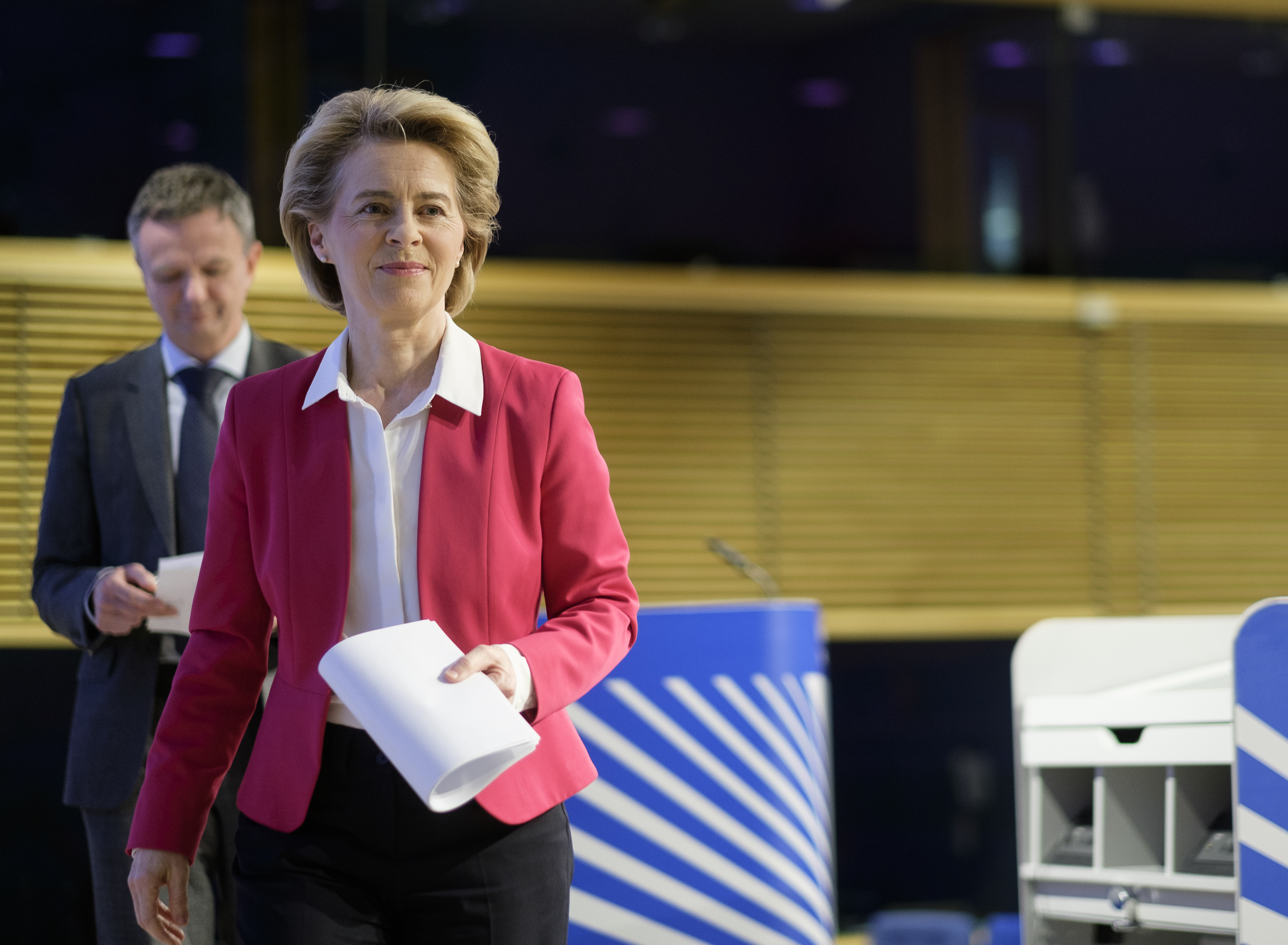 President of the European Commission Ursula von der Leyen is expected to announce later on Wednesday a historic aid package to help the continent's virus-ravaged economies, details of which have sent stocks and the euro higher. Wire photography: Thierry Monasse—Getty Images