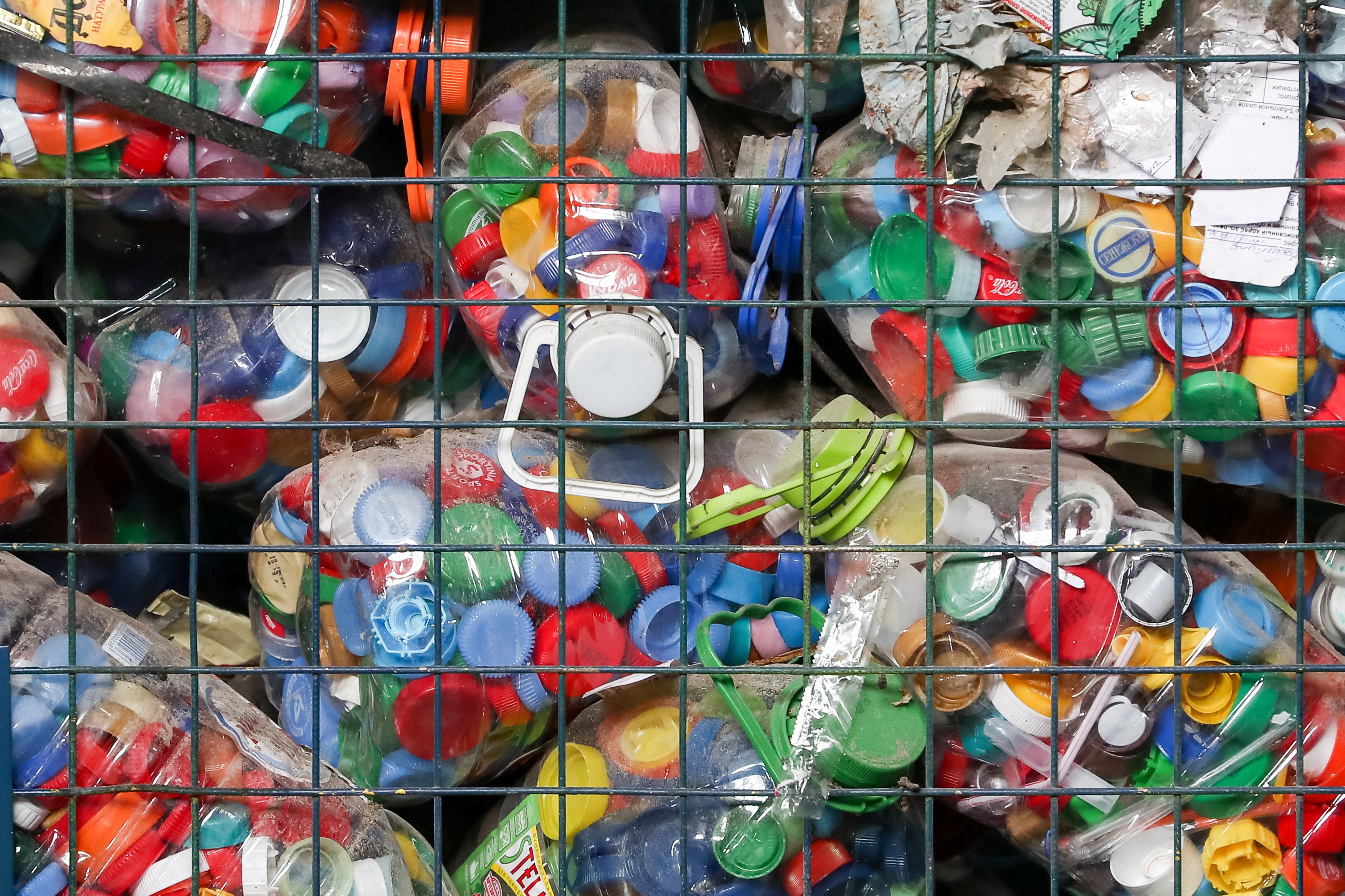 MOSCOW, RUSSIA - APRIL 8, 2020: A waste container of plastic bottles and caps at EkoLain's waste sorting facility in Signalny Drive.  Anton Novoderezhkin-TASS via Getty Images