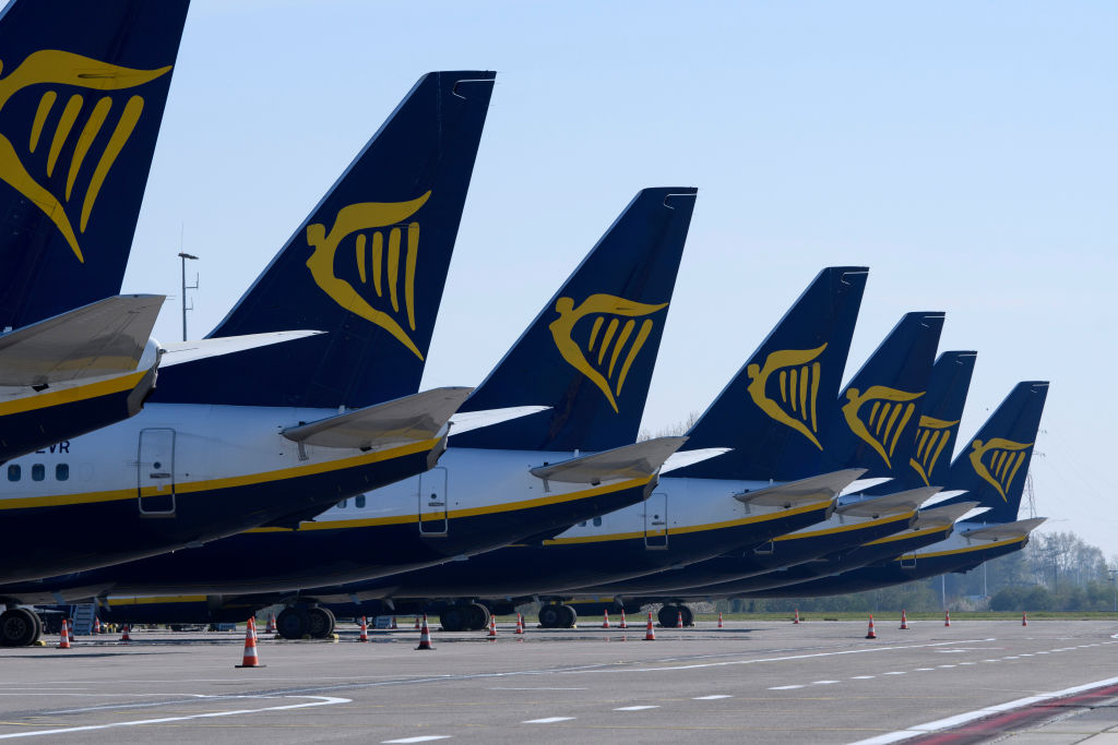 Illustration picture shows Ryanair planes during a visit to several services at Brussels South Airport, in Gosselies, Charleroi, Friday 10 April 2020. Belgium is in its fourth week of confinement in the ongoing corona virus crisis.
BELGA PHOTO POOL CHRISTOPHE LICOPPE (Photo by POOL CHRISTOPHE LICOPPE/BELGA MAG/AFP via Getty Images)