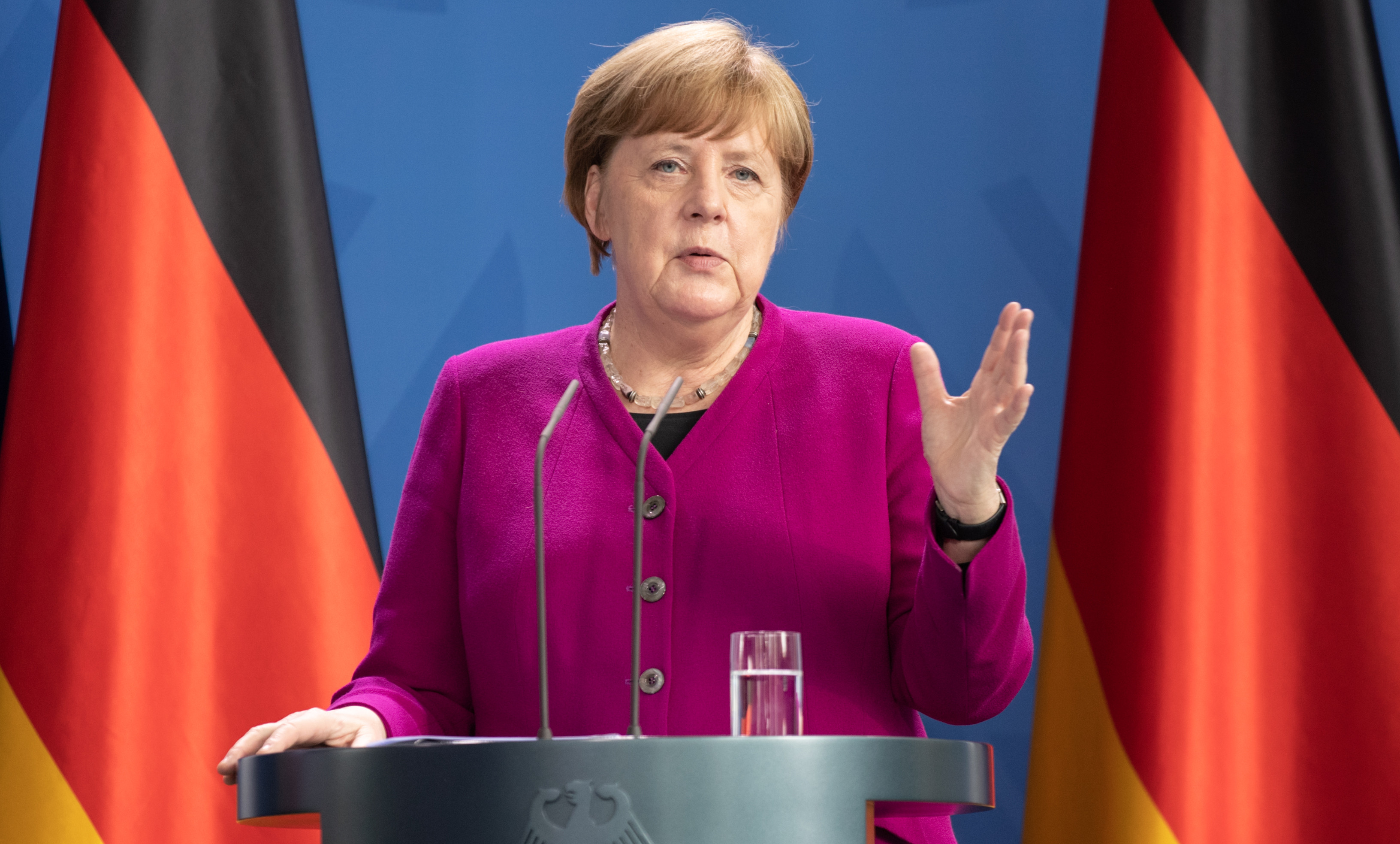 BERLIN, GERMANY - MAY 18: German Chancellor Angela Merkel speaks to the media at the Chancellery at a joint press conference with French President Emmanuel Macron (unseen), during the coronavirus crisis on May 18, 2020 in Berlin, Germany. The two leaders announced they intend to launch a joint European Union recovery initiative to the tune of EUR 500 billion. (Photo by Andreas Gora - Pool/Getty Images)