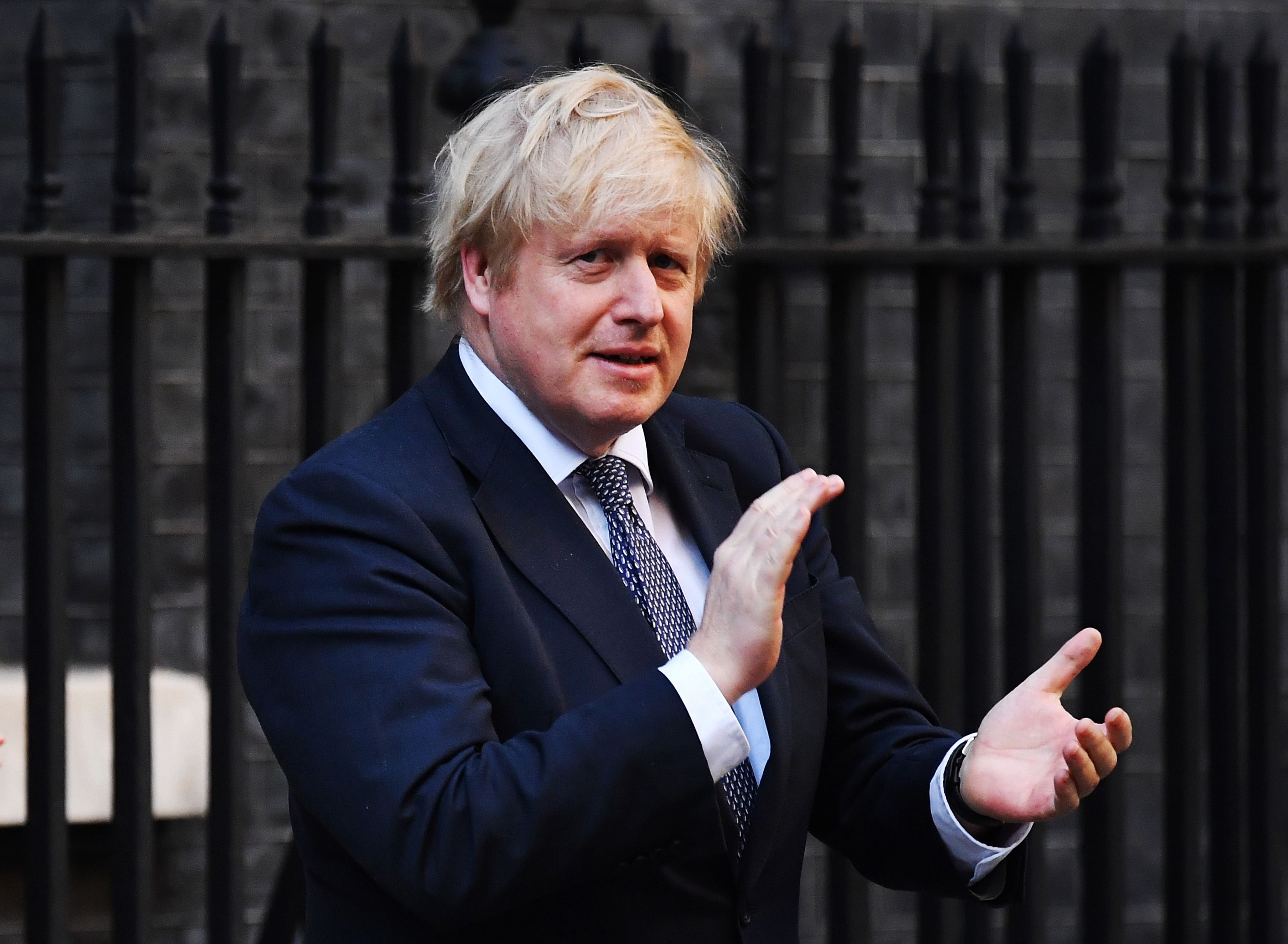 Prime Minister Boris Johnson applauds for key workers outside 10 Downing Street on May 14, 2020 in London, England. Leon Neal—Getty Images