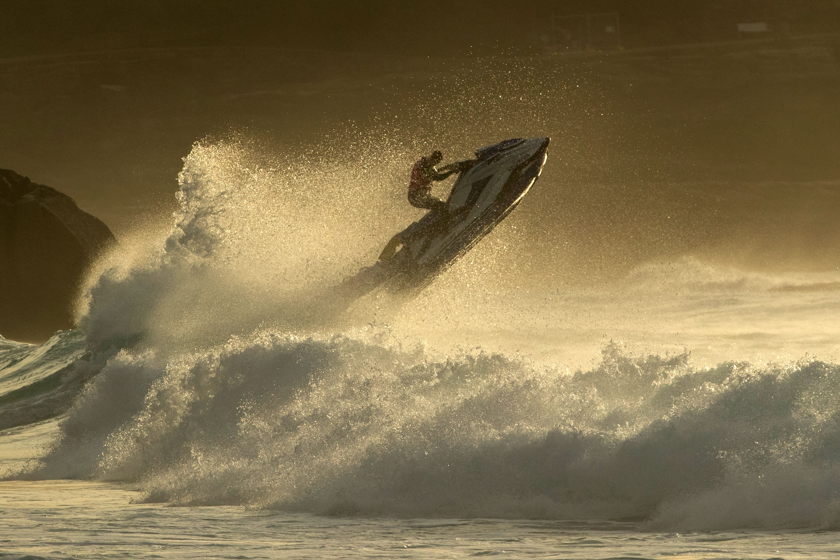 SYDNEY, AUSTRALIA - JULY 02: A man surges through a wave on a jetski at Bronte beach on July 02, 2019 in Sydney, Australia. Sydney is in the midst of excellent surf conditions with a large solid groundswell. (Photo by Mark Evans/Getty Images)