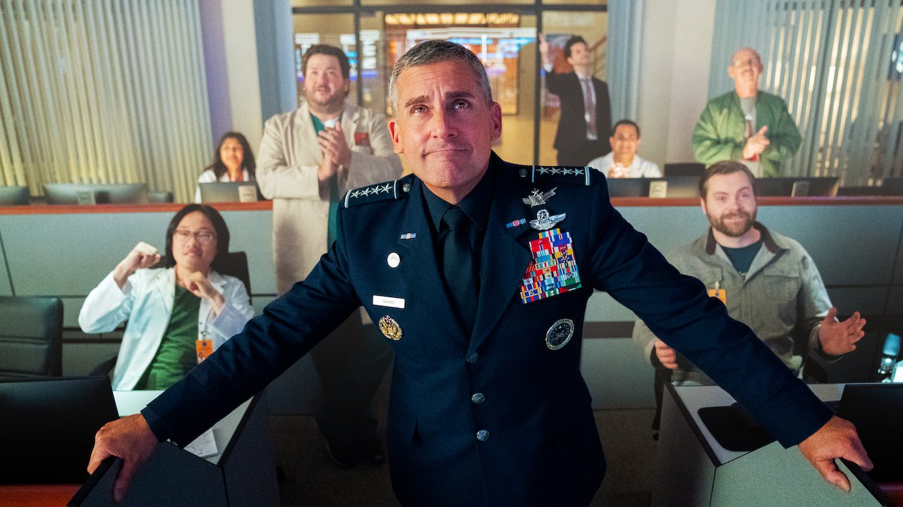An image from the 2020 Netflix series "Space Force" starring Steve Carell, John Malkovich, and Ben Schwartz.