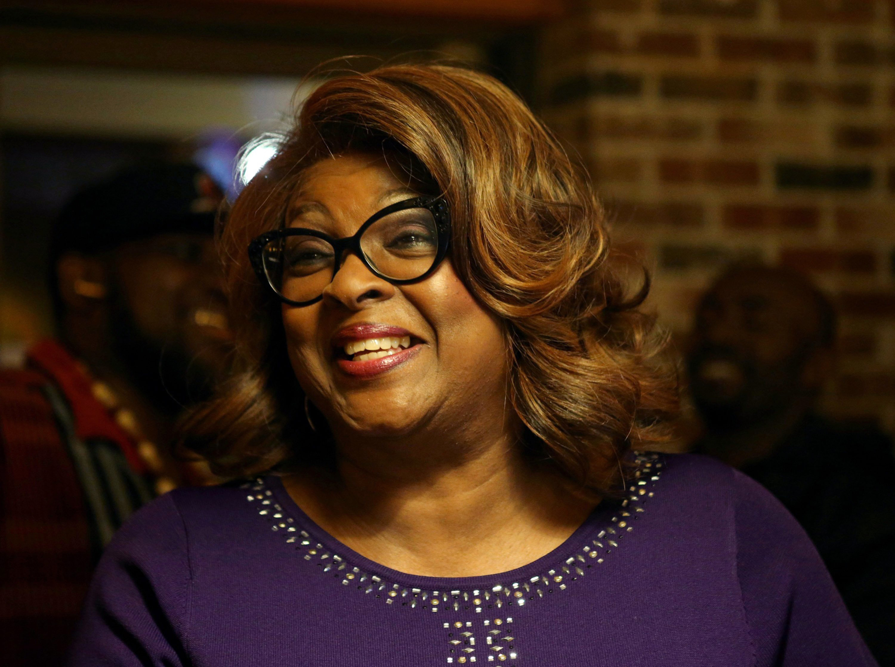 Ferguson mayoral candidate Ella Jones watches election results come in at Drake's Place in Ferguson, Mo., Tuesday, April 4, 2017. Two-term Mayor James Knowles III is opposed by Councilwoman Jones, who would become the first black mayor in Ferguson if elected. (David Carson/St. Louis Post-Dispatch via AP)