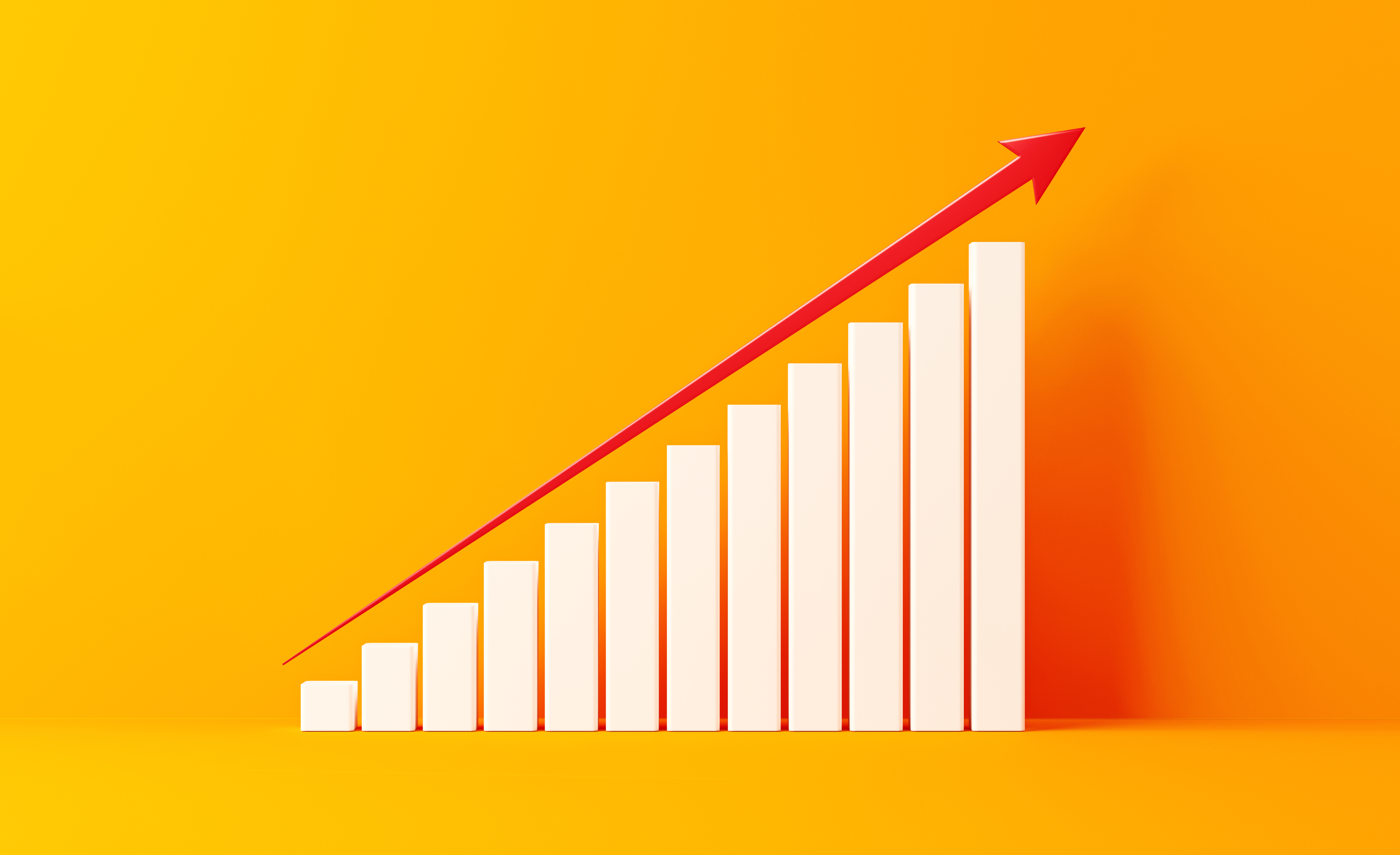 White financial growth bar and a red arrow shape moving up on yellow background.