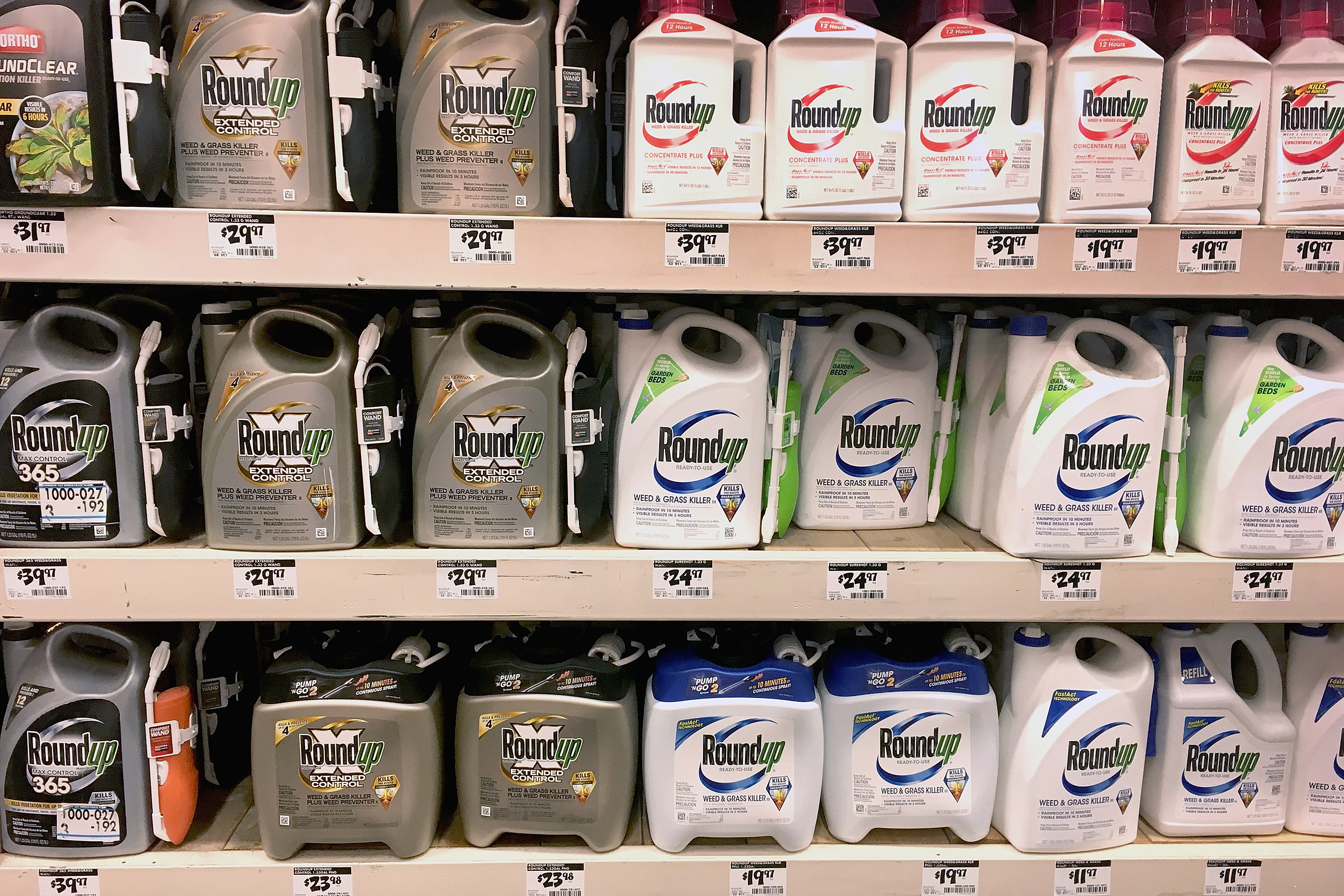 Roundup weed killing products are offered for sale at a home improvement store on May 14, 2019 in Chicago, Illinois. A jury yesterday ordered Monsanto, the maker of Roundup, to pay a California couple more than $2 billion in damages after finding that the weed killer had caused their cancer. This is the third jury to find Roundup had caused cancer since Bayer purchased Monsanto about a year ago. Bayer's stock price has fallen more than 40 percent since the takeover. (Photo by Scott Olson/Getty Images)