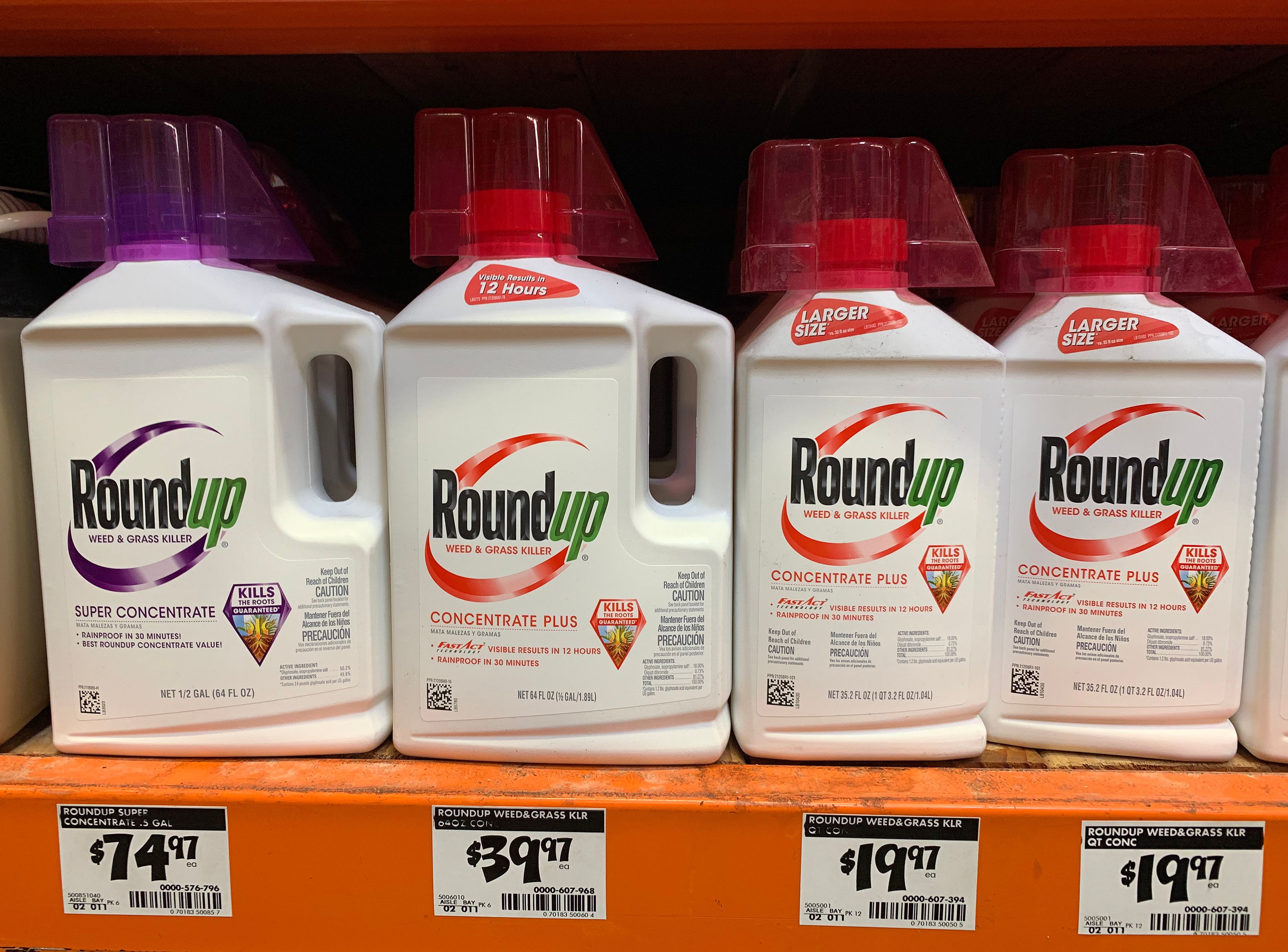 Roundup weed killer that is the subject of thousands of lawsuits in the US, is pictured on sale in Los Angeles, California on September 1, 2019.