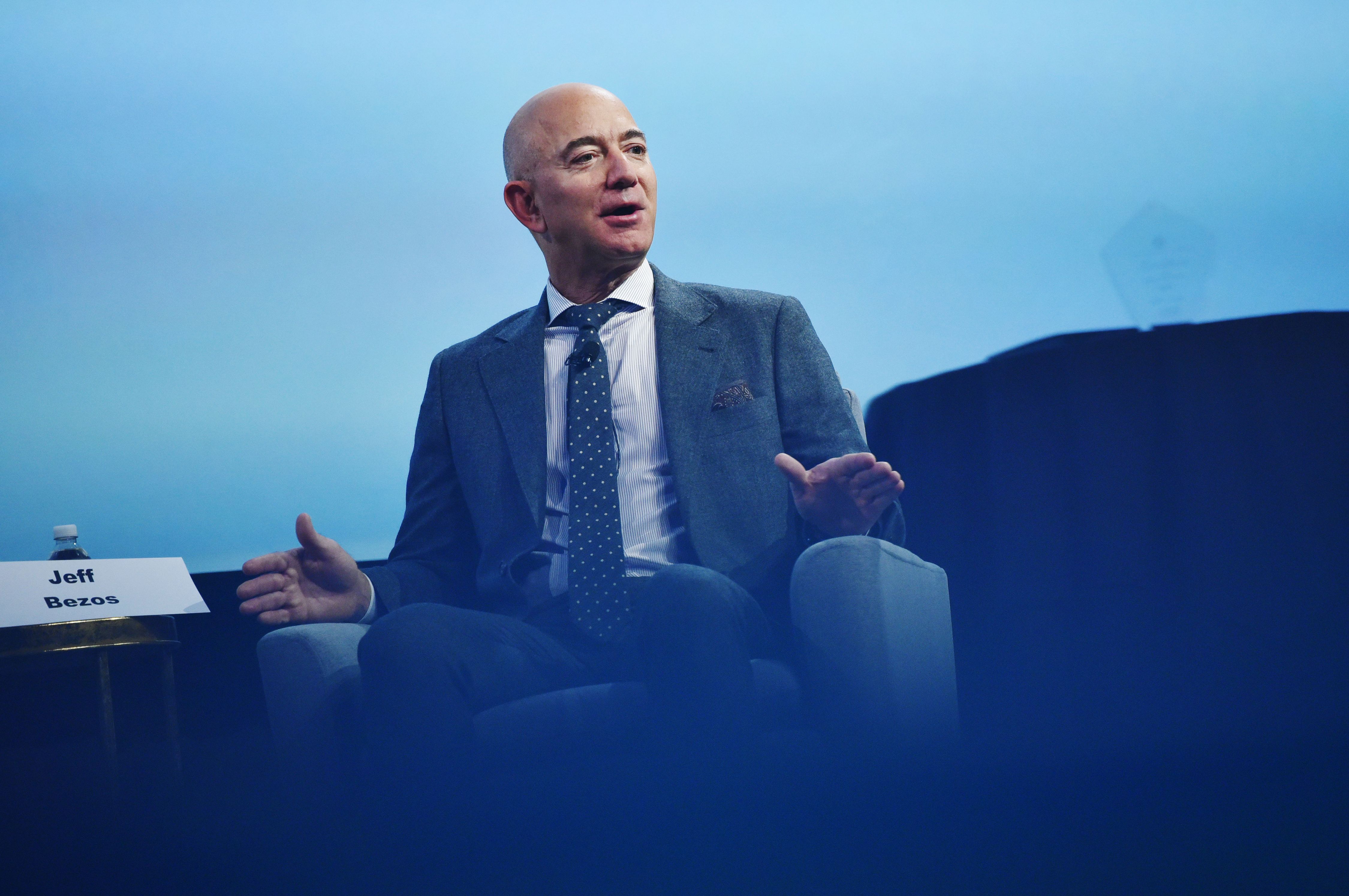 Blue Origin founder Jeff Bezos speaks after receiving the 2019 International Astronautical Federation (IAF) Excellence in Industry Award during the the 70th International Astronautical Congress at the Walter E. Washington Convention Center in Washington, DC on October 22, 2019. MANDEL NGAN—AFP/Getty Images