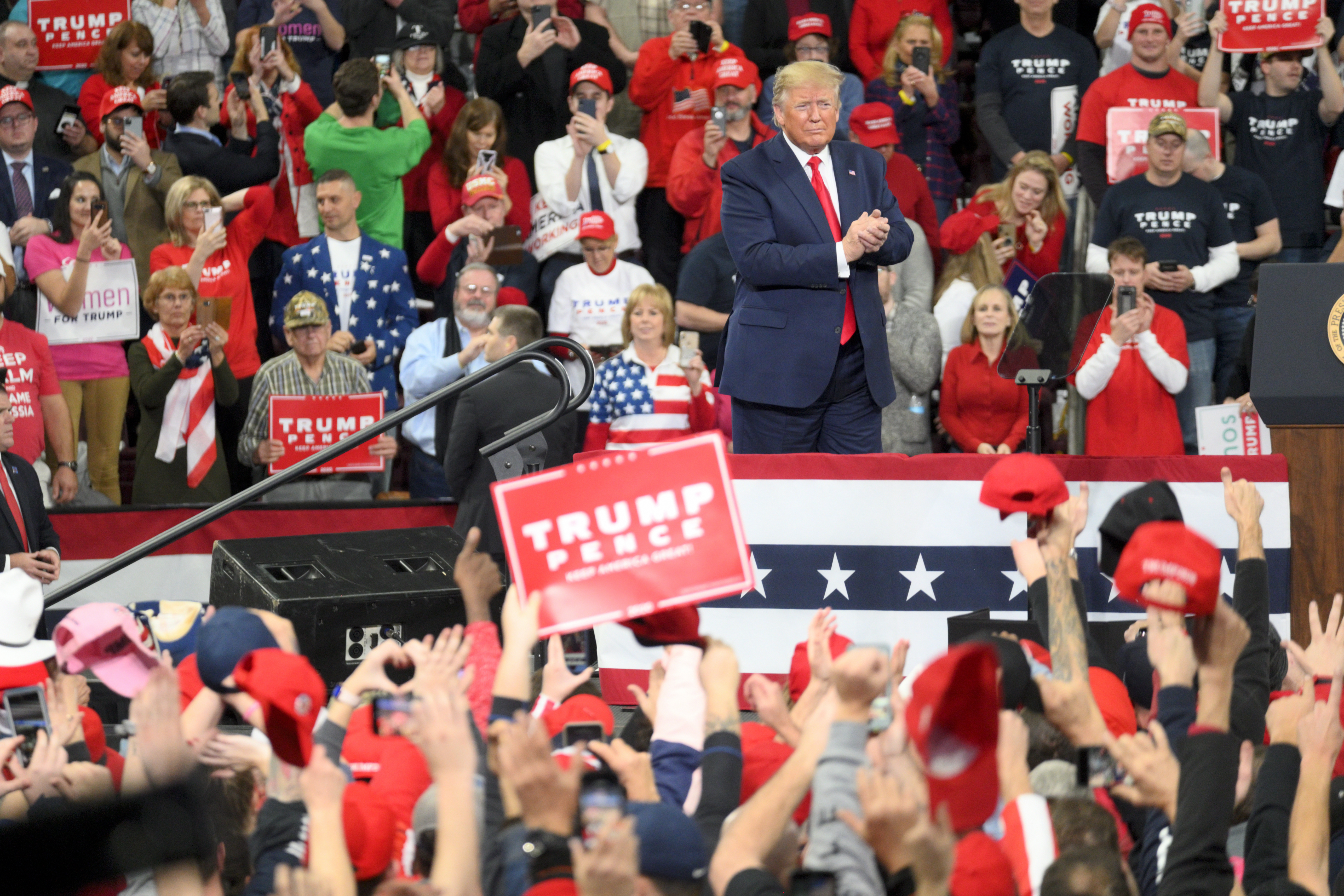 U.S. President Donald Trump greets supporters as he steps of the stage after speaking for more than an hour as he and Vice-President Mike Pence return to Pennsylvania for a a Keep America Great campaign rally at the Giant Center, in Hershey, PA, on December 10, 2019. Bastiaan Slabbers—NurPhoto via Getty Images