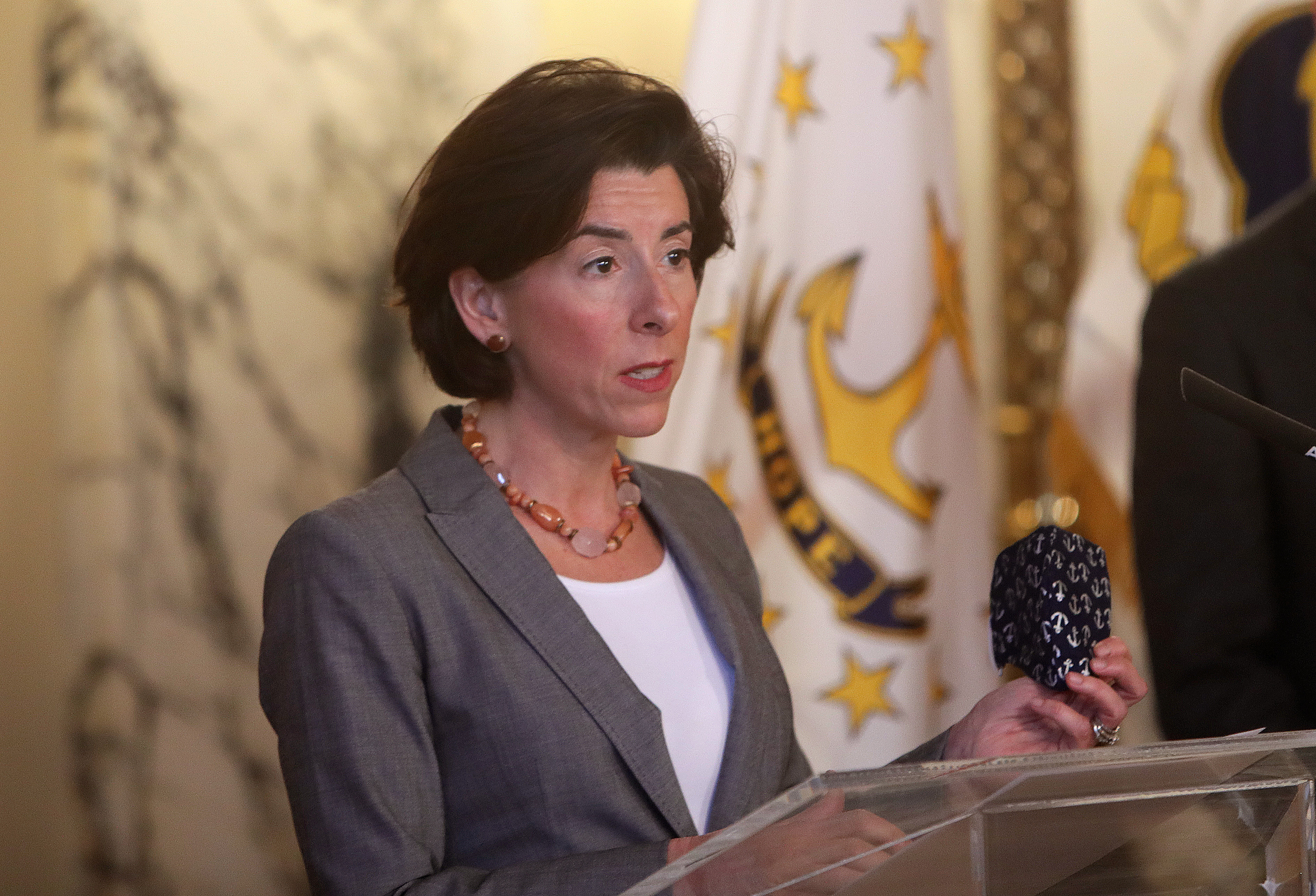 Rhode Island Governor Gina Raimondo speaks at a press conference in Providence. Photo by Barry Chin/The Boston Globe via Getty Images