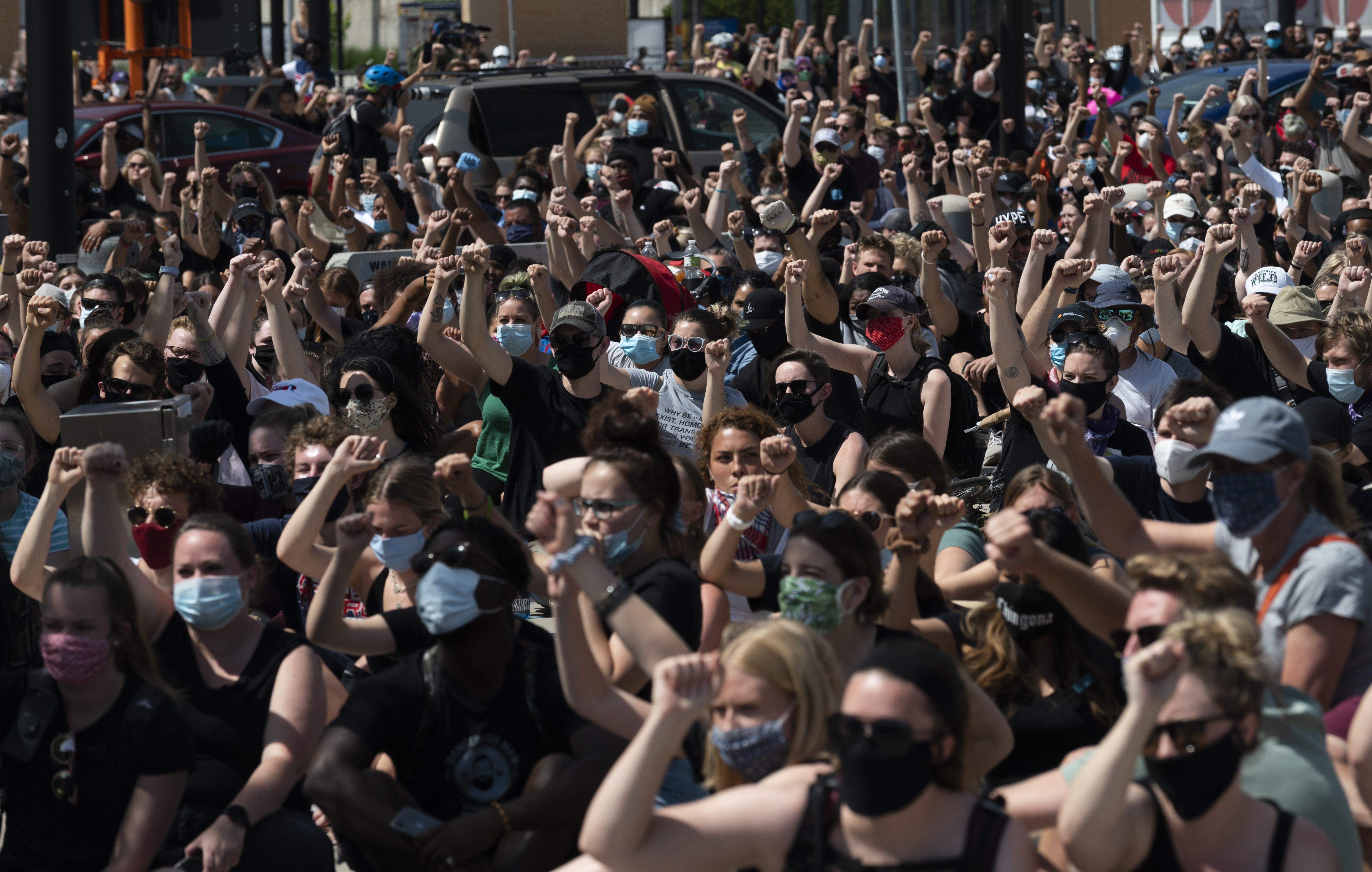 MINNEAPOLIS, MN - MAY 31: A crowd marching to protest the death of George Floyd gathers outside of US Bank Stadium on May 31, 2020 in Minneapolis, Minnesota. The protest was disrupted after a man drove a tanker truck into the crowd. (Photo by Stephen Maturen/Getty Images)