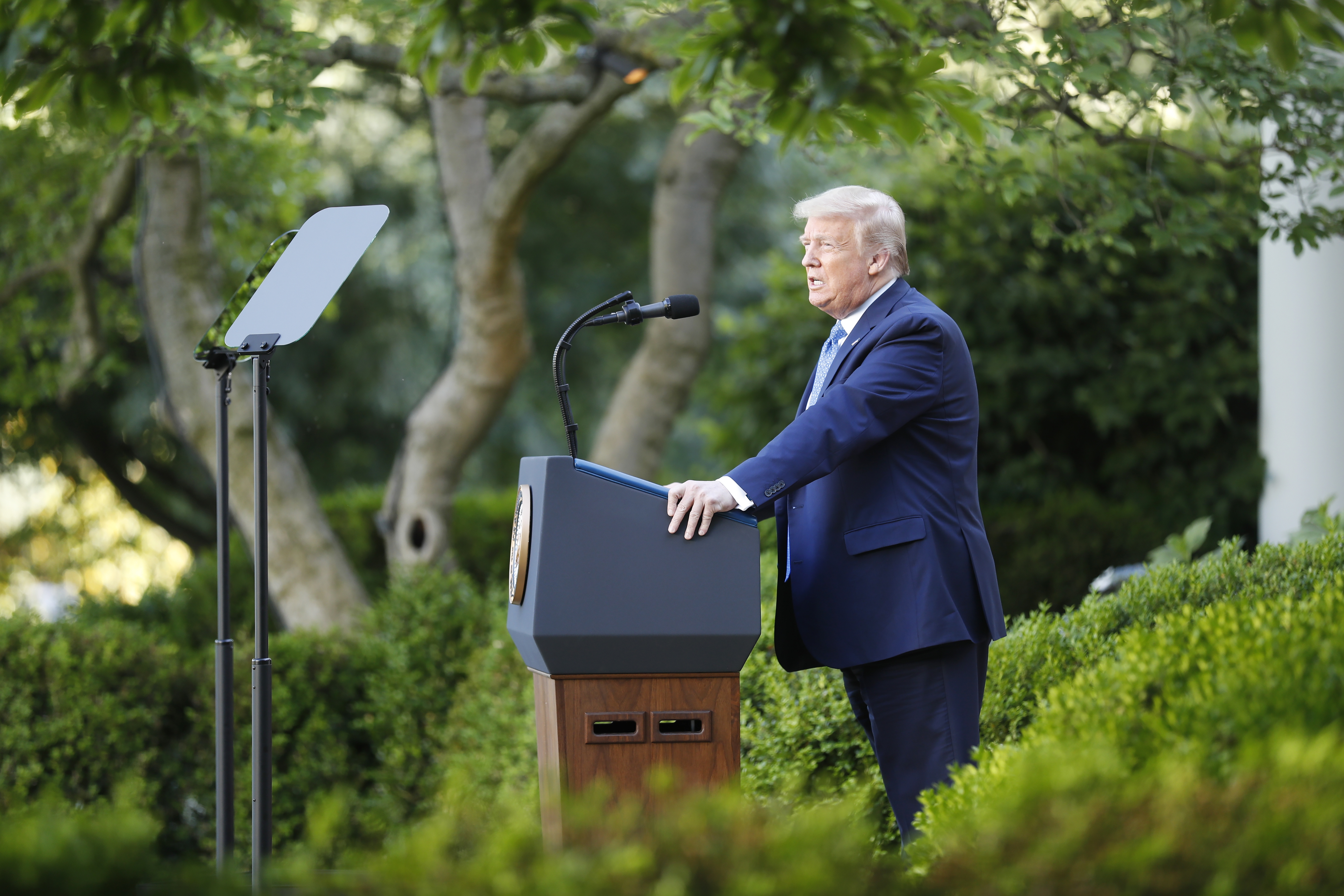 U.S. President Donald Trump speaks during a news conference in the Rose Garden of the White House in Washington, D.C., U.S., on Monday, June 1, 2020. Trump has seized on protests against police brutality toward people of color to portray himself as an icon of law and order, eschewing the soothing role past presidents have adopted in similar moments as he seeks to turn the election-year conversation from his widely panned handling of the coronavirus outbreak. Photographer: Shawn Thew/EPA/Bloomberg via Getty Images