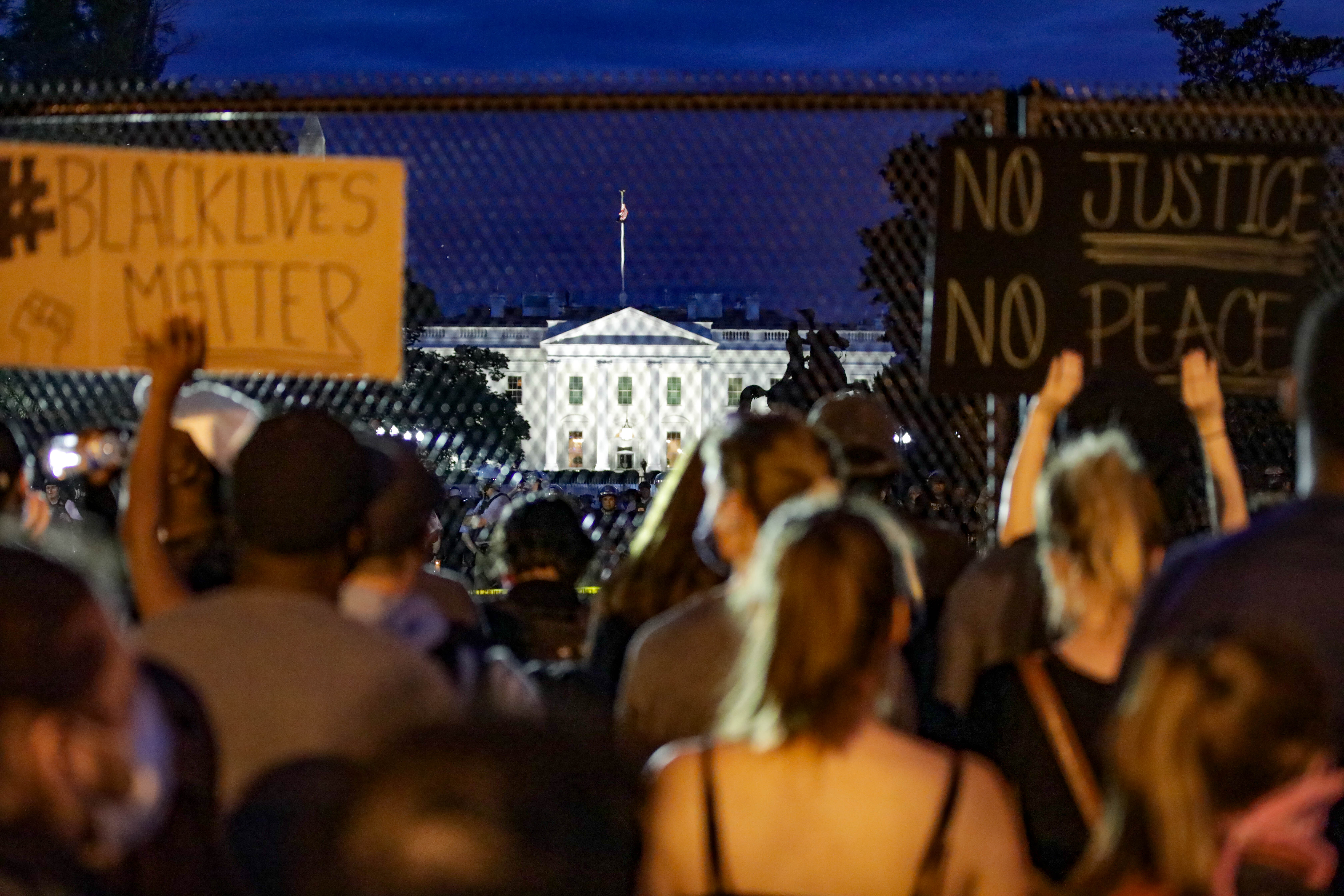 Thousands of peaceful demonstrators holding banners gather in front of the White House for the fifth consecutive day to protest the death of George Floyd, an unarmed black man who died last week after being pinned down by a white police officer in Minneapolis on June 2, 2020 in Washington, DC, United States.Yasin Ozturk-Anadolu Agency via Getty Images