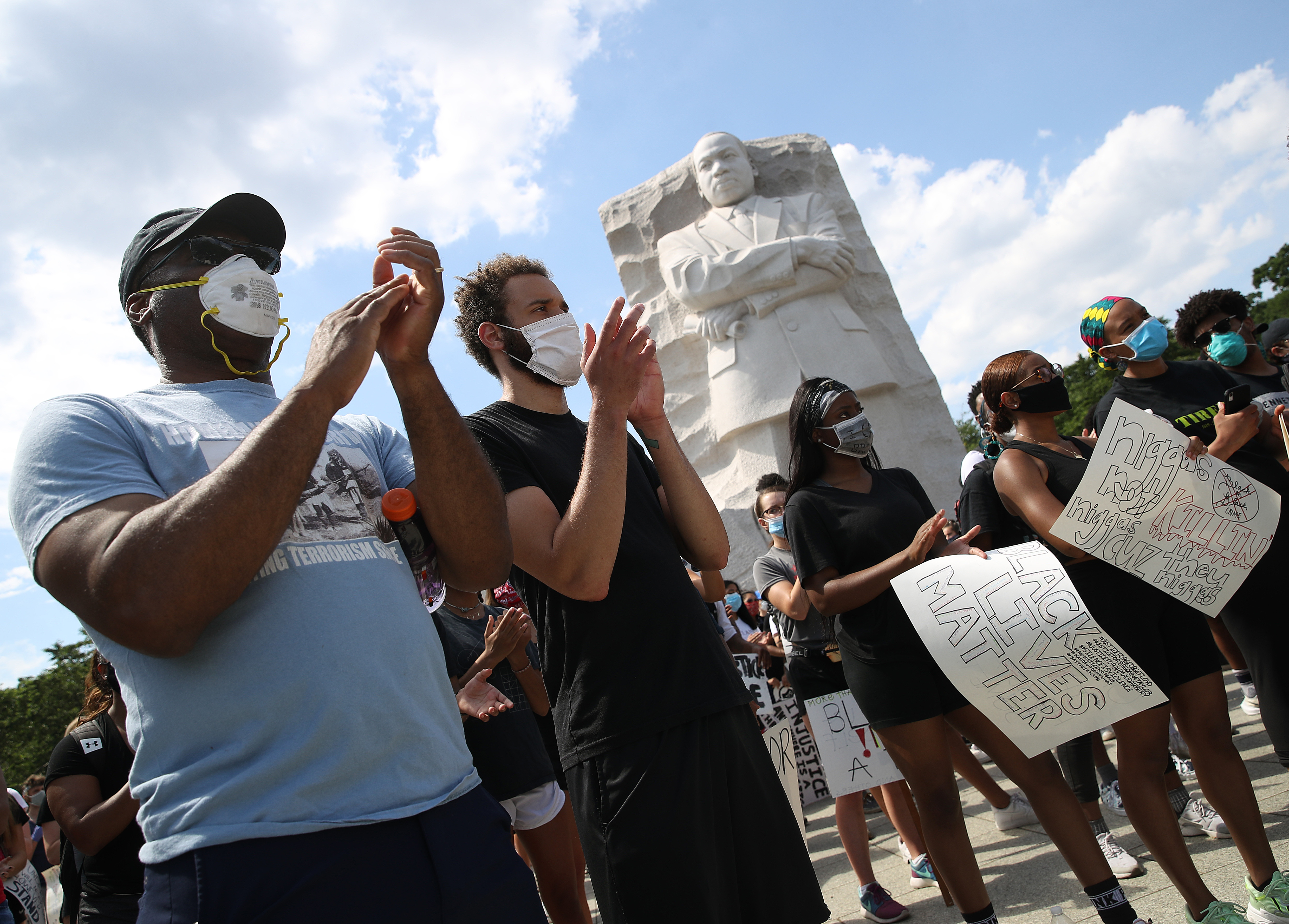 WASHINGTON, DC - JUNE 04: People gather at the Martin Luther King Jr. Memorial to protest against police brutality and the death of George Floyd, on June 4, 2020 in Washington, DC. Protests in cities throughout the country have been largely peaceful following the death of George Floyd, a black man who was killed in police custody in Minneapolis on May 25. (Photo by Win McNamee/Getty Images)