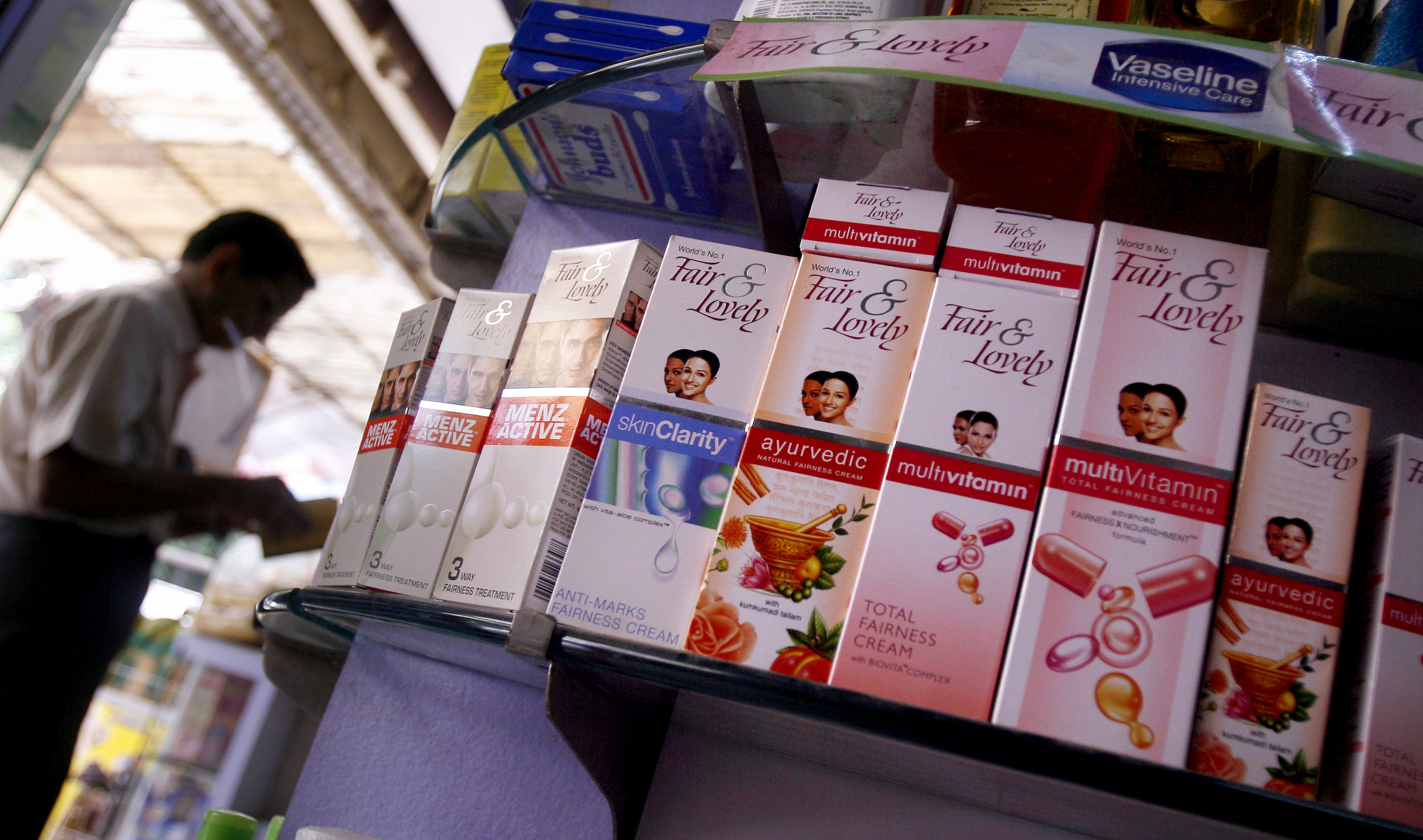 Fair & Lovely, a skin-lightening cream made by Hindustan Unilever Ltd., sits for sale on a store shelf in Mumbai, India, on Wednesday, Oct. 3, 2007. Prashanth Vishwanathan—Bloomberg/Getty Images