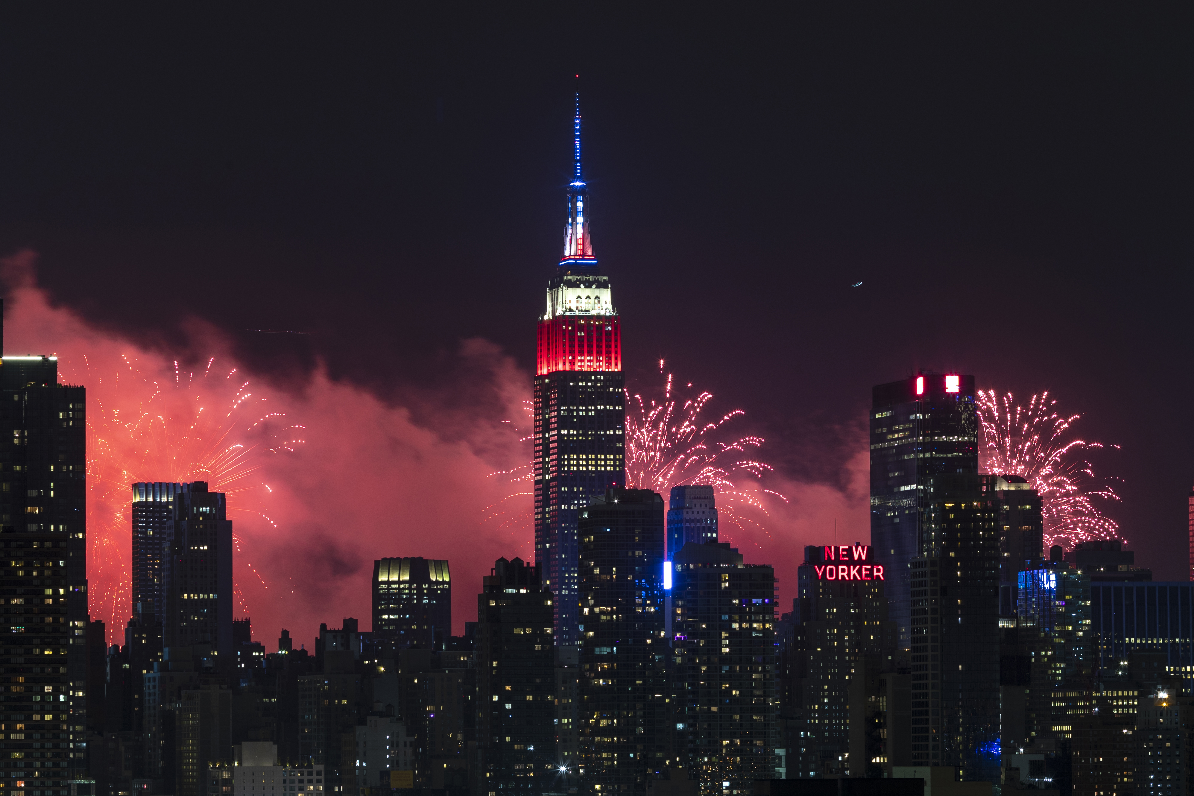 A view of the Manhattan skyline on July 4, 2018, during the Macy’s fireworks show. Xinhua/LI MUZI via Getty Images
