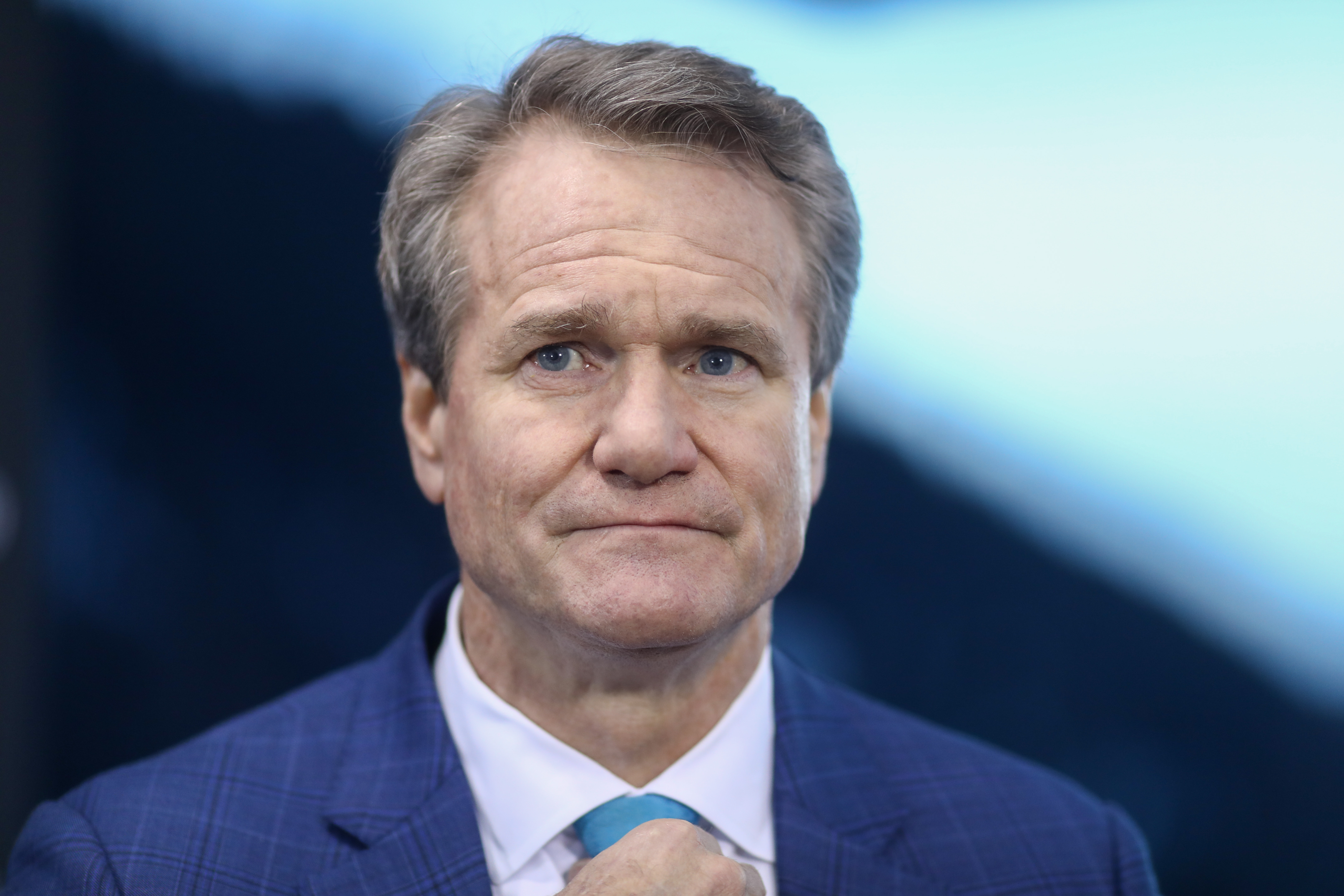 Brian Moynihan, chief executive officer of Bank of America Corp., pauses during a Bloomberg Television interview on the opening day of the World Economic Forum (WEF) in Davos, Switzerland, on Tuesday, Jan. 21, 2020. World leaders, influential executives, bankers and policy makers attend the 50th annual meeting of the World Economic Forum in Davos from Jan. 21 - 24. Photographer: Simon Dawson/Bloomberg via Getty Images