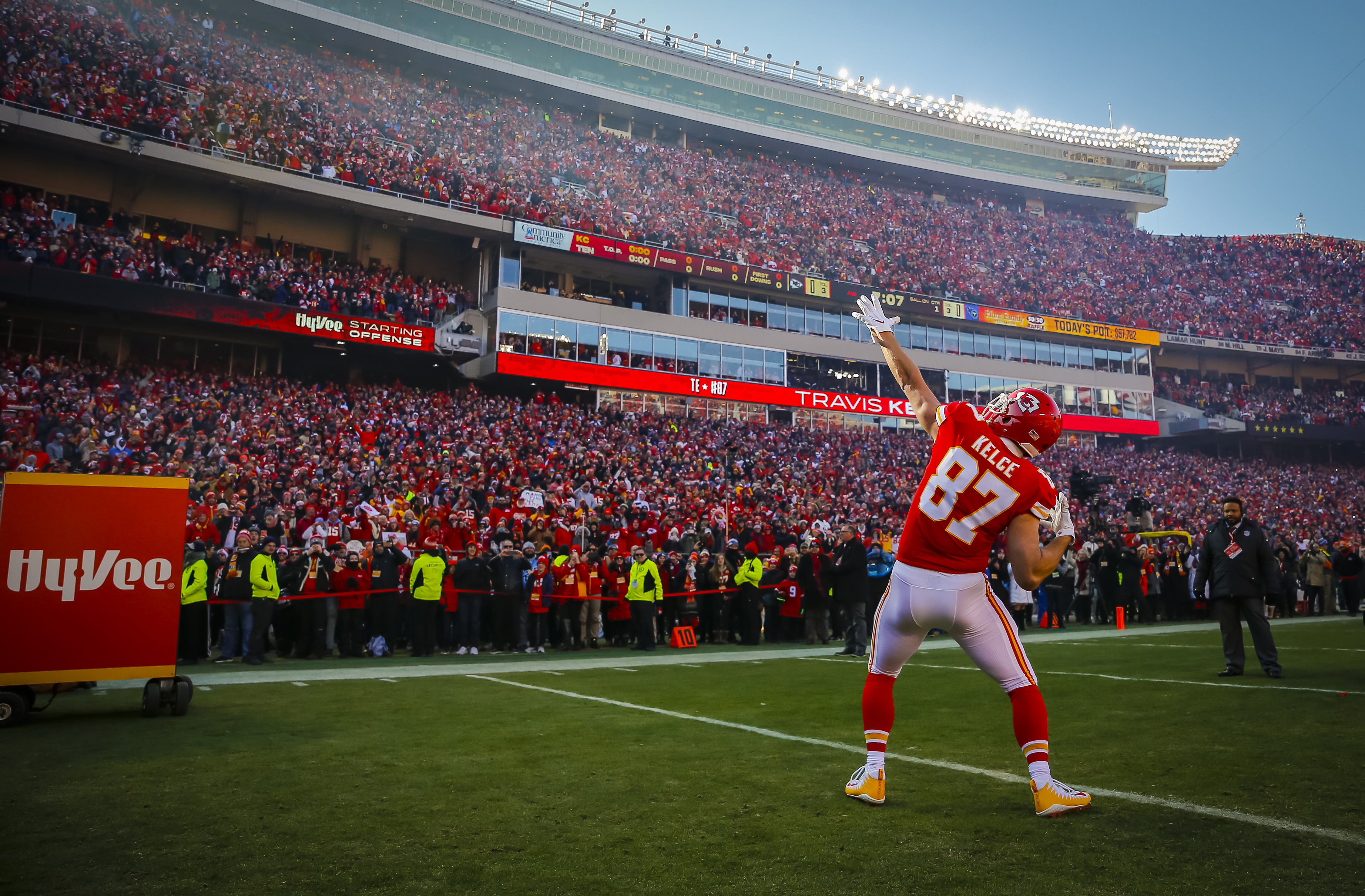 KANSAS CITY, MO - JANUARY 19: Travis Kelce #87 of the Kansas City Chiefs reacts during his player introduction prior to the AFC Championship game against the Tennessee Titans at Arrowhead Stadium on January 19, 2020 in Kansas City, Missouri. (Photo by David Eulitt/Getty Images)