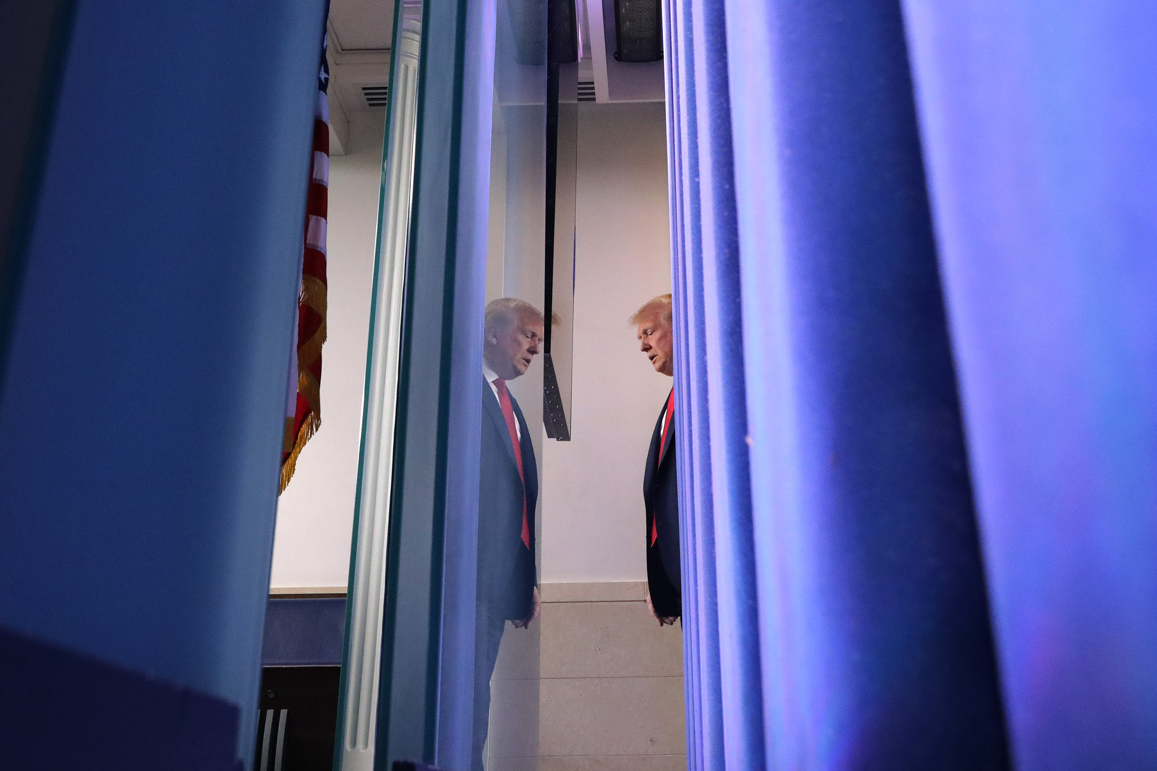 President Donald Trump enters the Brady Press Briefing Room before talking to journalists at the White House on July 2, 2020, about the latest job numbers. Chip Somodevilla—Getty Images