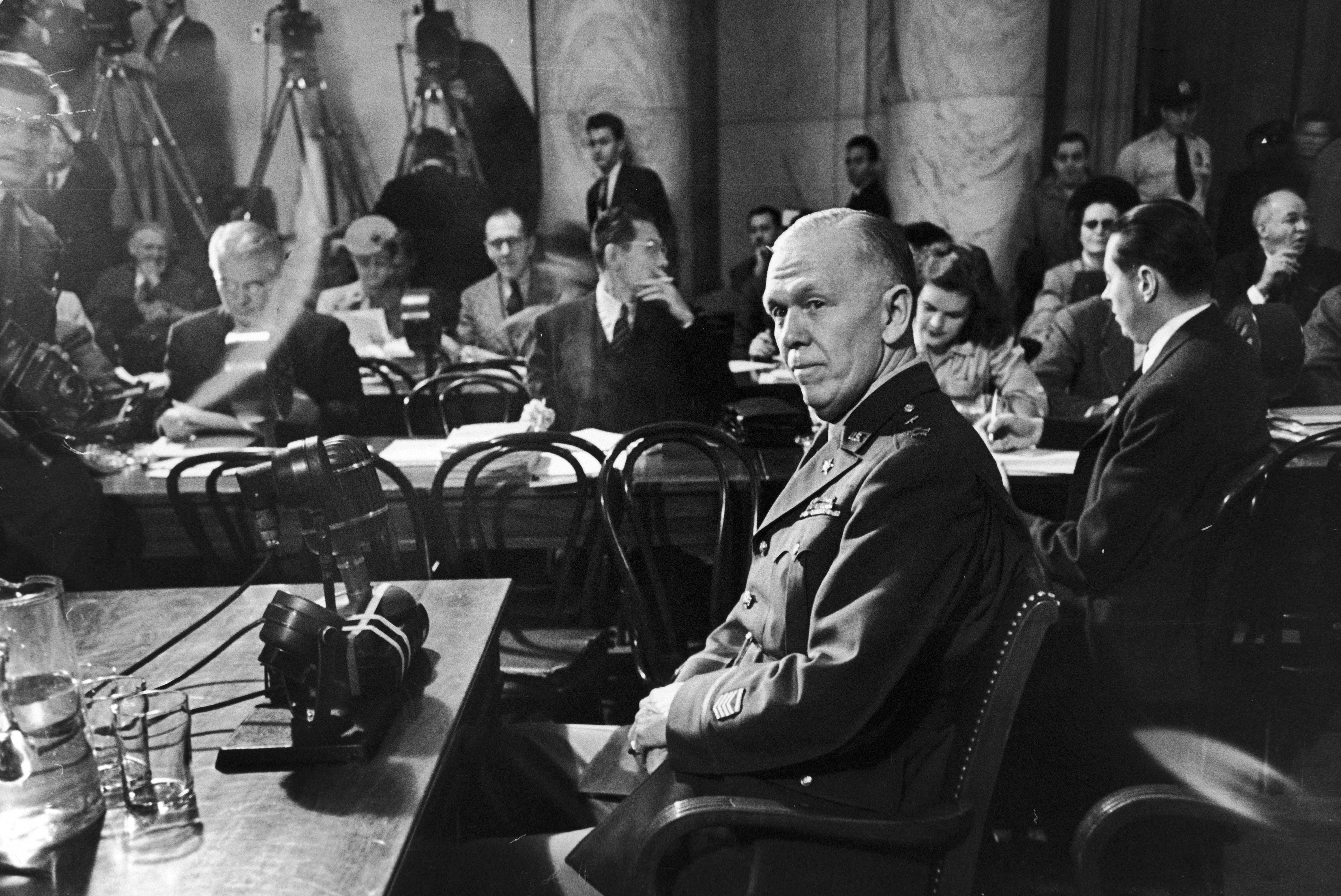 American General (and later Secretary of State) George C. Marshall (1880 - 1959) testifies before a Joint Congressional Committee during the Pearl Harbor investigation, Washington DC, December 1945. (Photo by Sam Shere/The LIFE Picture Collection via Getty Images)